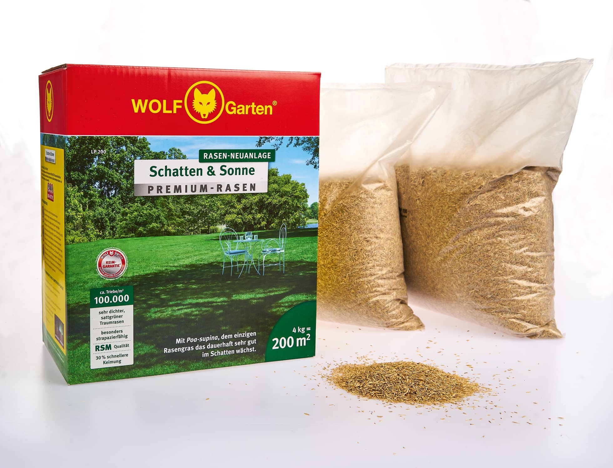 WOLF-Garten "Ombra & Sole" Prato Premium LP 200 (per 200 m², densità molto elevata con circa 100.000 germogli/m², particolarmente resistente, elevata tollerabilità all'ombra, scatola pieghevole da 4