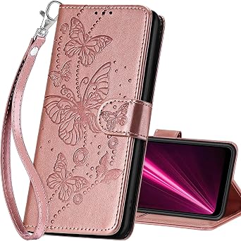 for T-Mobile Revvl 6 5G Wallet case, Rose Gold-Butterfly