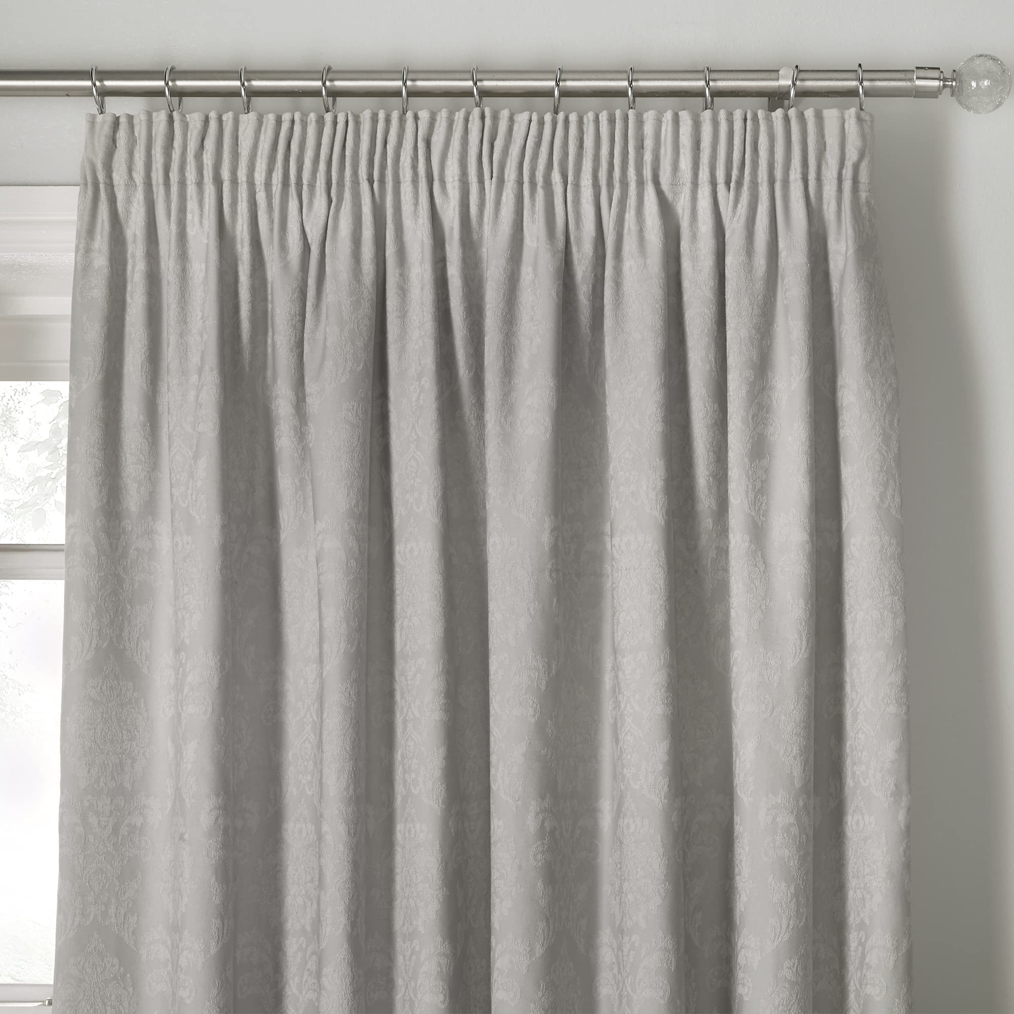 Dreams & Drapes Woven - Rosana - Jacquard Pair of Pencil Pleat Curtains With Tie-Backs - 66" Width x 72" Drop (168 x 183cm) Bed Size in Silver