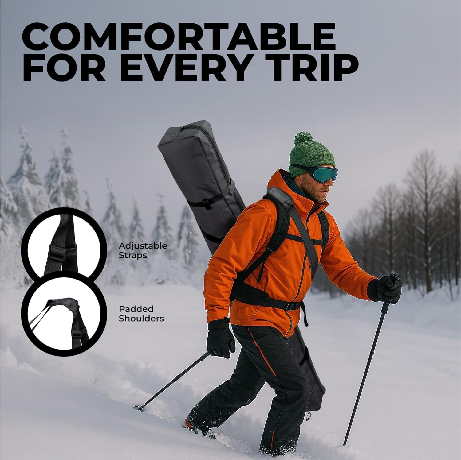 Tough Outfitters 170cm/190cm Ski Bag for Men and Women - Ski Bag for 1 Pair of Skis and Poles with Zipper, 2 Straps with Buckles and Carrying Handle