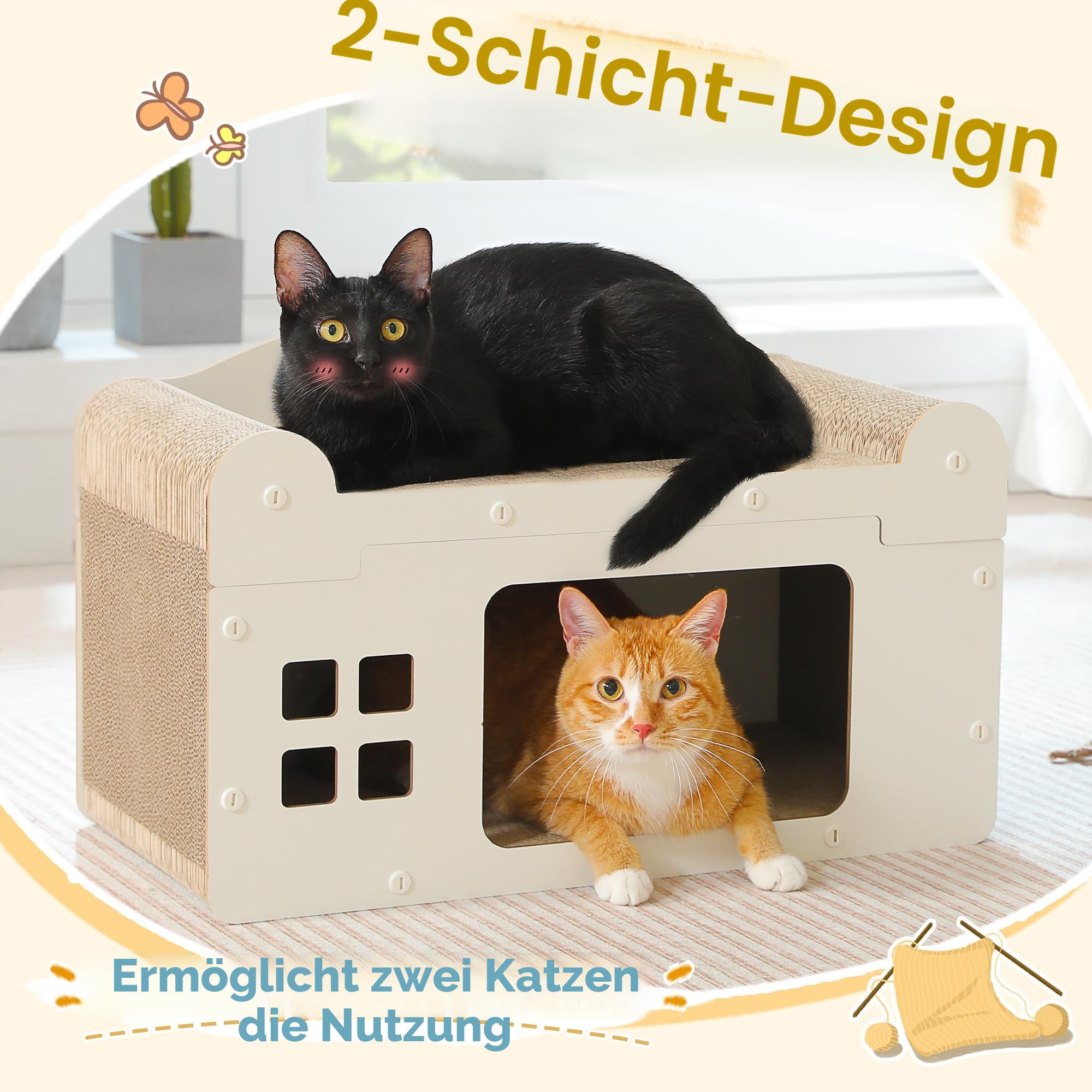 PAWZ Road Kratzbrett für Katzen, Katzenhöhle mit Kratzbrett, Katzenhaus Indoor aus Pappe, Kratzpappe für Katzen, Kratzpad Lounge, Langlebiges Katzenspielzeug 55 x 28 x 35 cm, Weiß