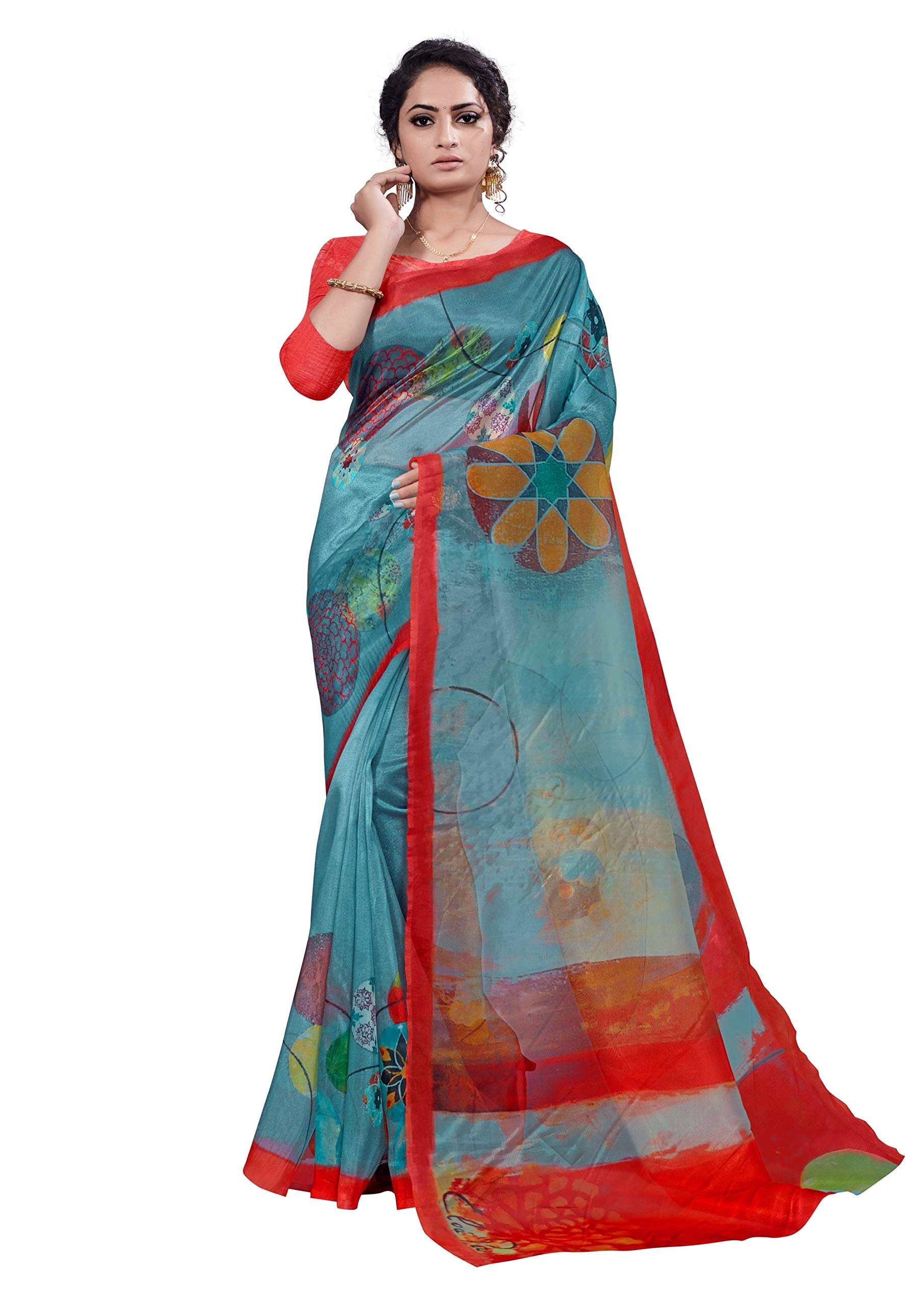 GoSriKi Women's Organza Printed Saree With Blouse Piece (BLUE)