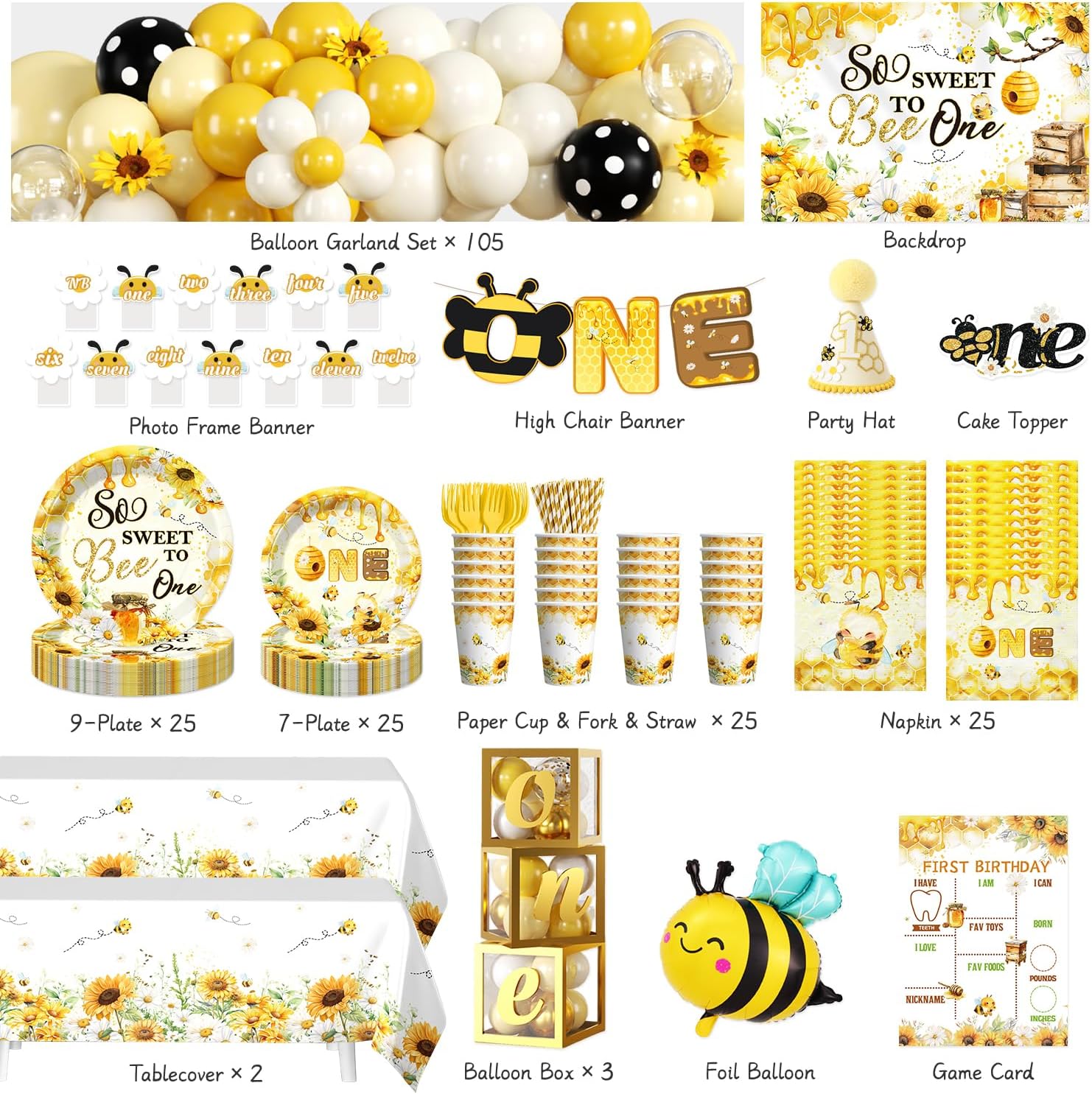 272 PCS First Bee Day Decorations Girl, All-in-One Bee 1st Birthday Party Decorations Set with Balloon Arch, Plates, Cups, Napkins, Tablecloth, Banner & Backdrop, Serves 25
