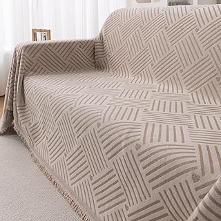 HOKIPO Premium Chenille Printed Sofa Cover Throw Blanket 320 GSM for 3 Seater – All Season Use, 'Serene Abode Series' Beig Price In India