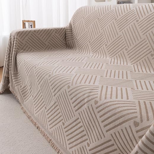 HOKIPO Premium Chenille Printed Sofa Cover Throw Blanket 320 GSM for 3 Seater – All Season Use, 'Serene Abode Series' Beig...