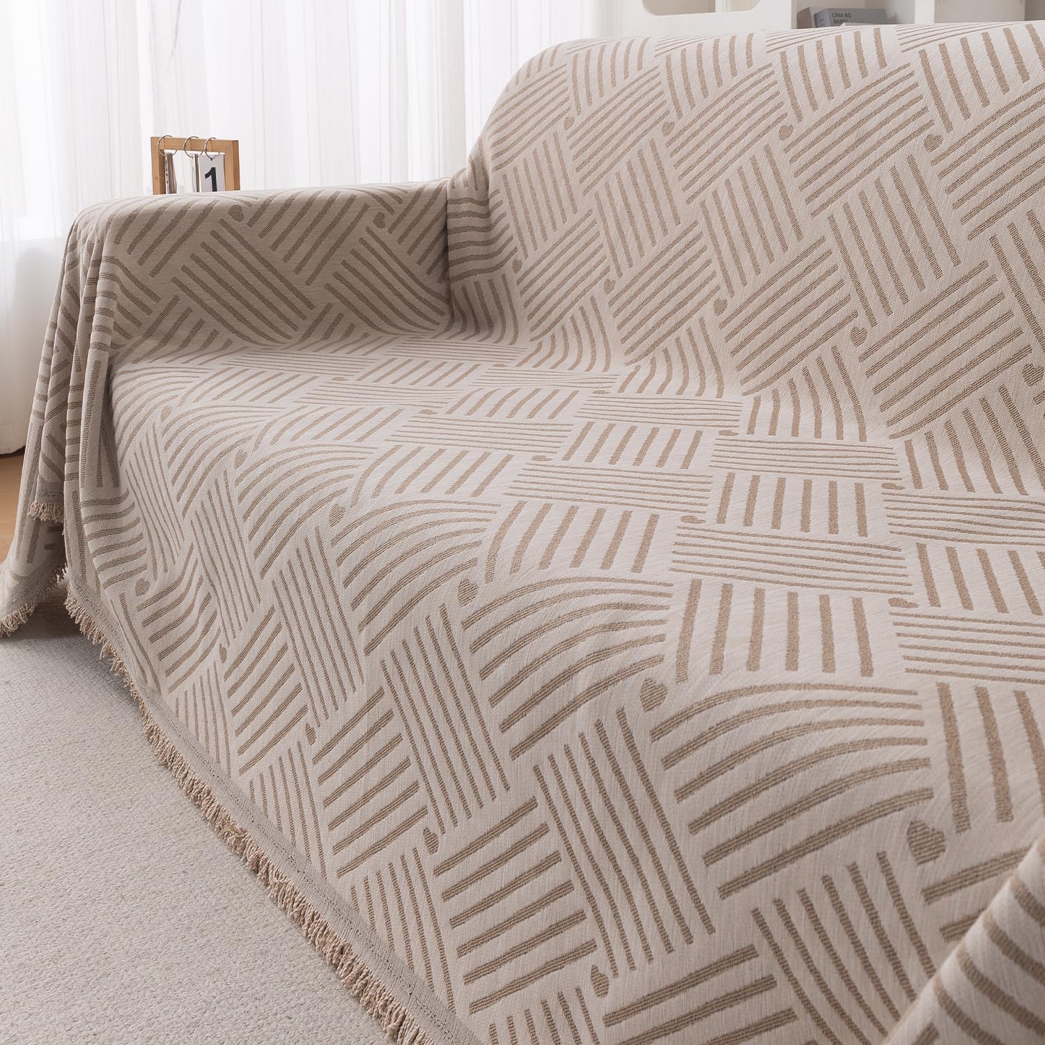 HOKIPO Premium Chenille Printed Sofa Cover Throw Blanket 320 GSM for 3 Seater – All Season Use, 'Serene Abode Series' Beig...
