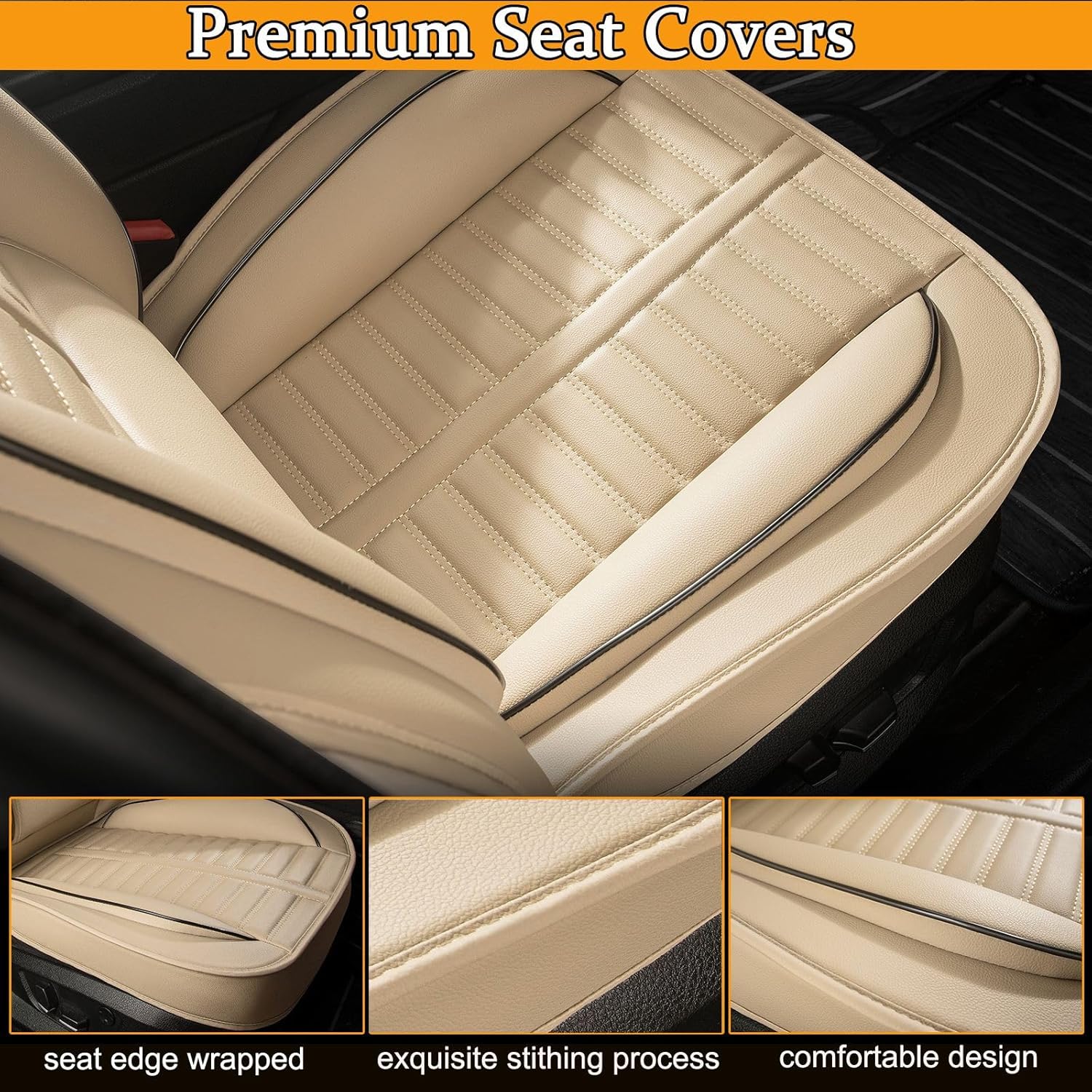 Car Seat Covers Fit for Ford Ranger 2019-2025 2026(Not Fit Raptor) Full Set Faux Leather Seat Covers Set with Lumbar Support Premium Automotive Cushion Protector(5 Seat, Beige)