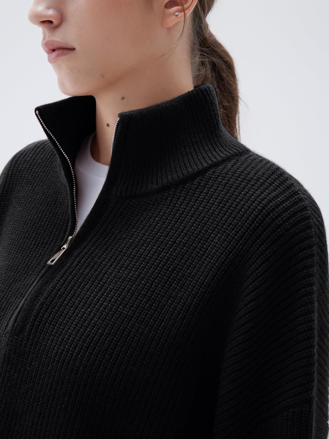 SUUKSESS Women Cashmere Blend Oversized Quarter Zip Pullover Sweater Long Sleeve Collared Ribbed Knit Jumper Tops - Image 3