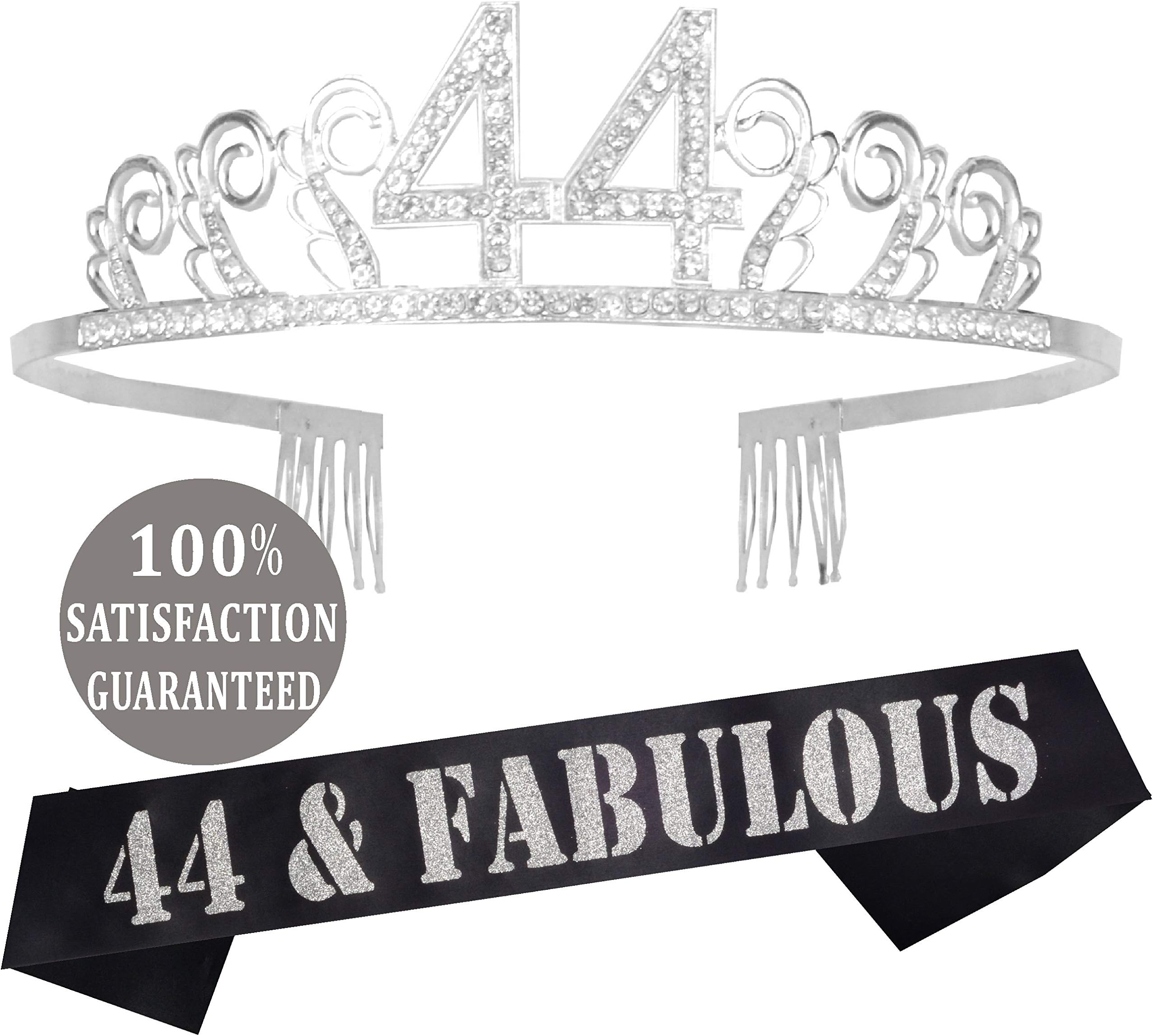 44th Birthday Sash and Tiara for Women - Fabulous Glitter Sash + Waves Rhinestone Silver Premium Metal Tiara for Her, 44th Birthday Gifts for 44 Party