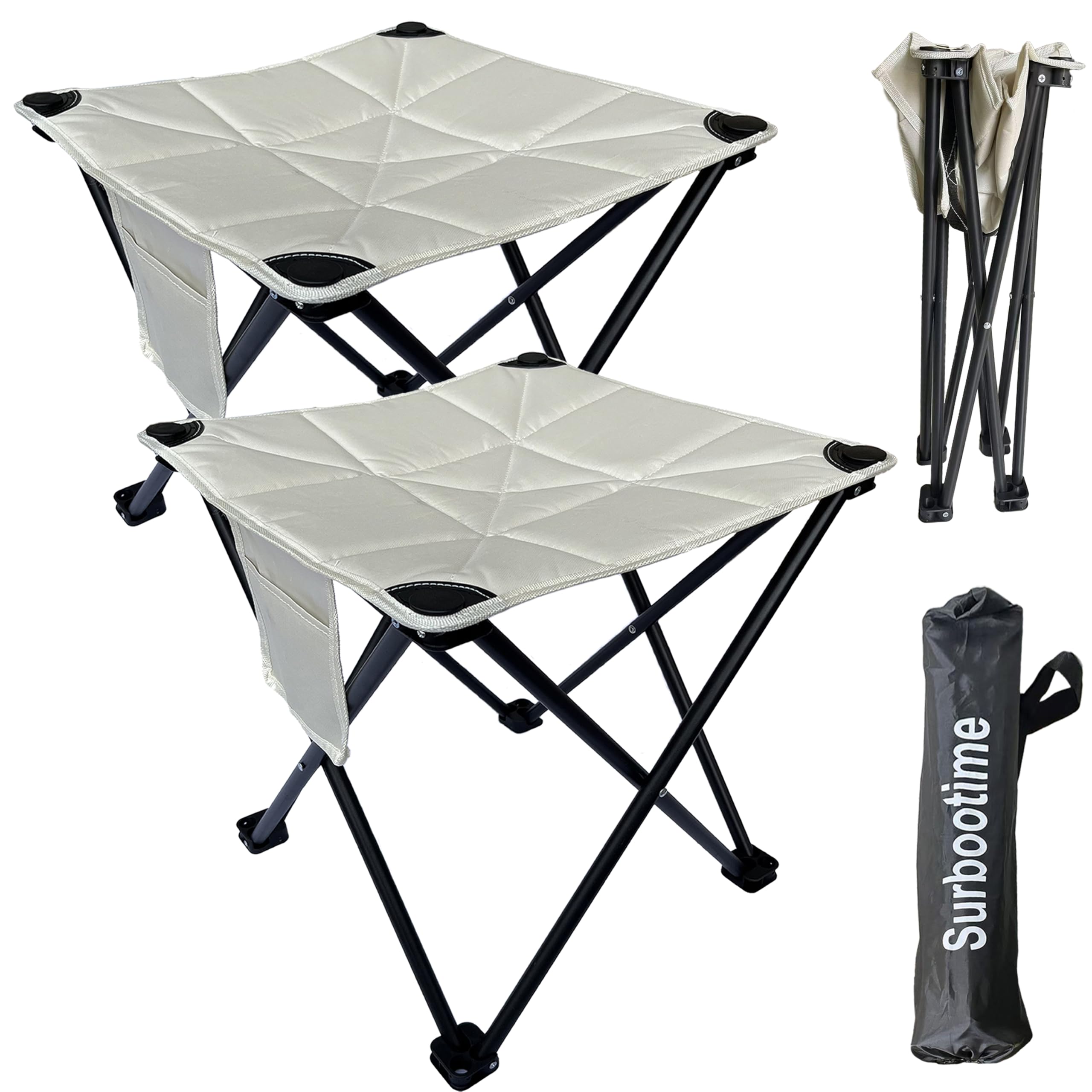 Portable folding camping stool, cotton lining, 2 pieces 17*17*18 inches, soft outdoor seat with side pockets, extra-large footstool, suitable for fishing, picnics, beach barbecues, hiking (White）