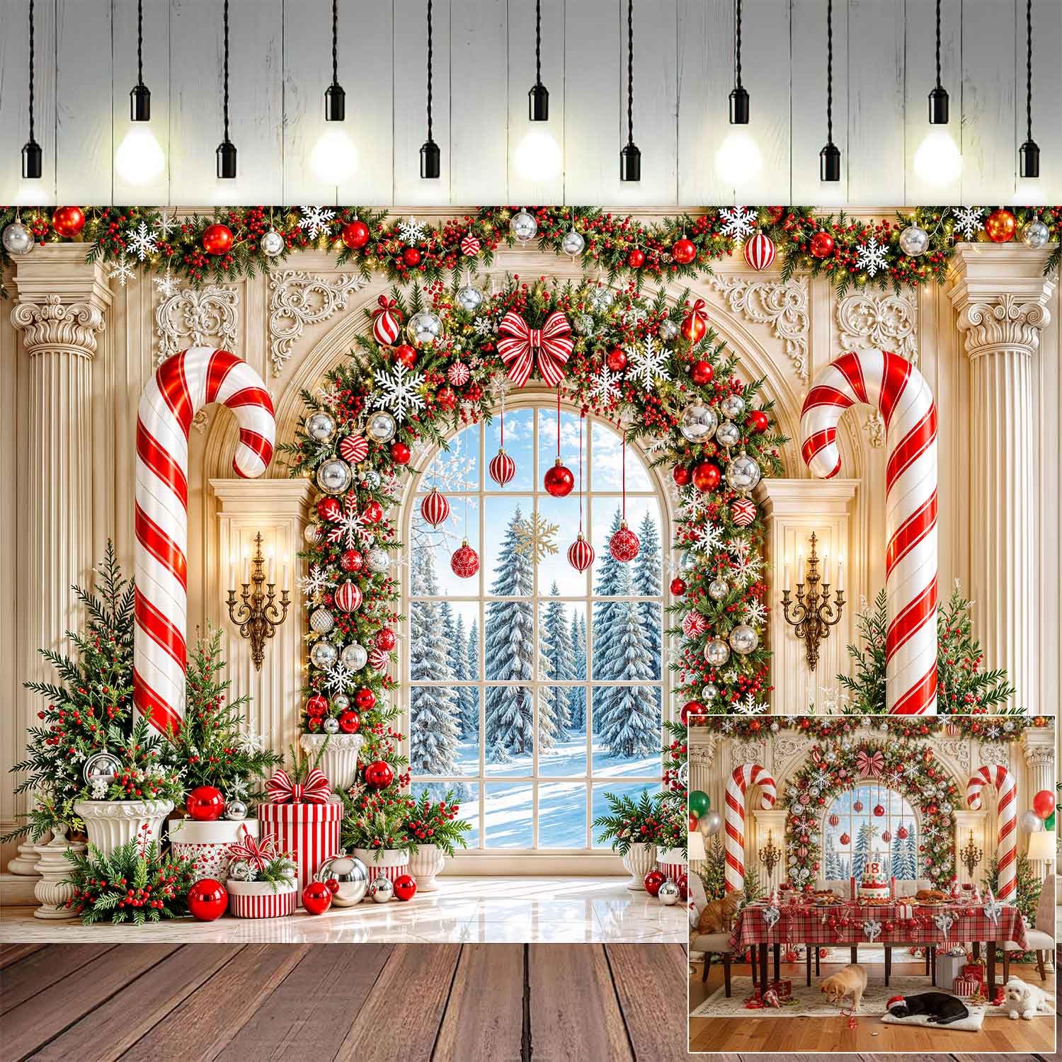 Arche enneigée Fenêtre Couronne de Noël Photographie Toile de fond Décoration de fête de Noël | Boîte cadeau en forme de sapin de neige pour Noël, hiver, vacances, famille, gâteau, table, photomaton, décoration 3 x 2,4 m