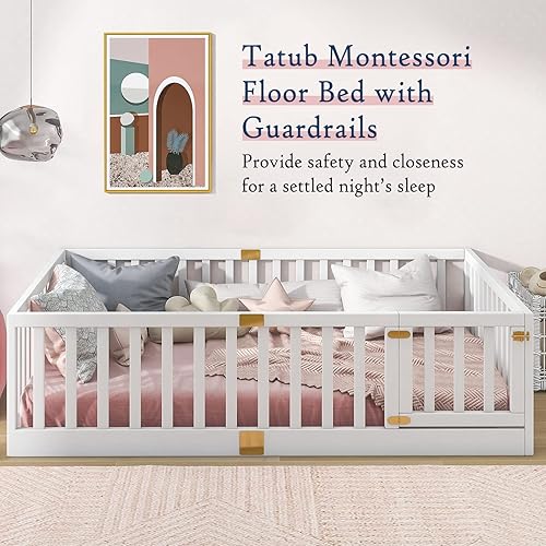 Miniatura 28 de Tatub Cama Montessori de suelo individual con rieles altos, marco de cama Montessori de madera maciza para niños, la entrada se puede instalar a