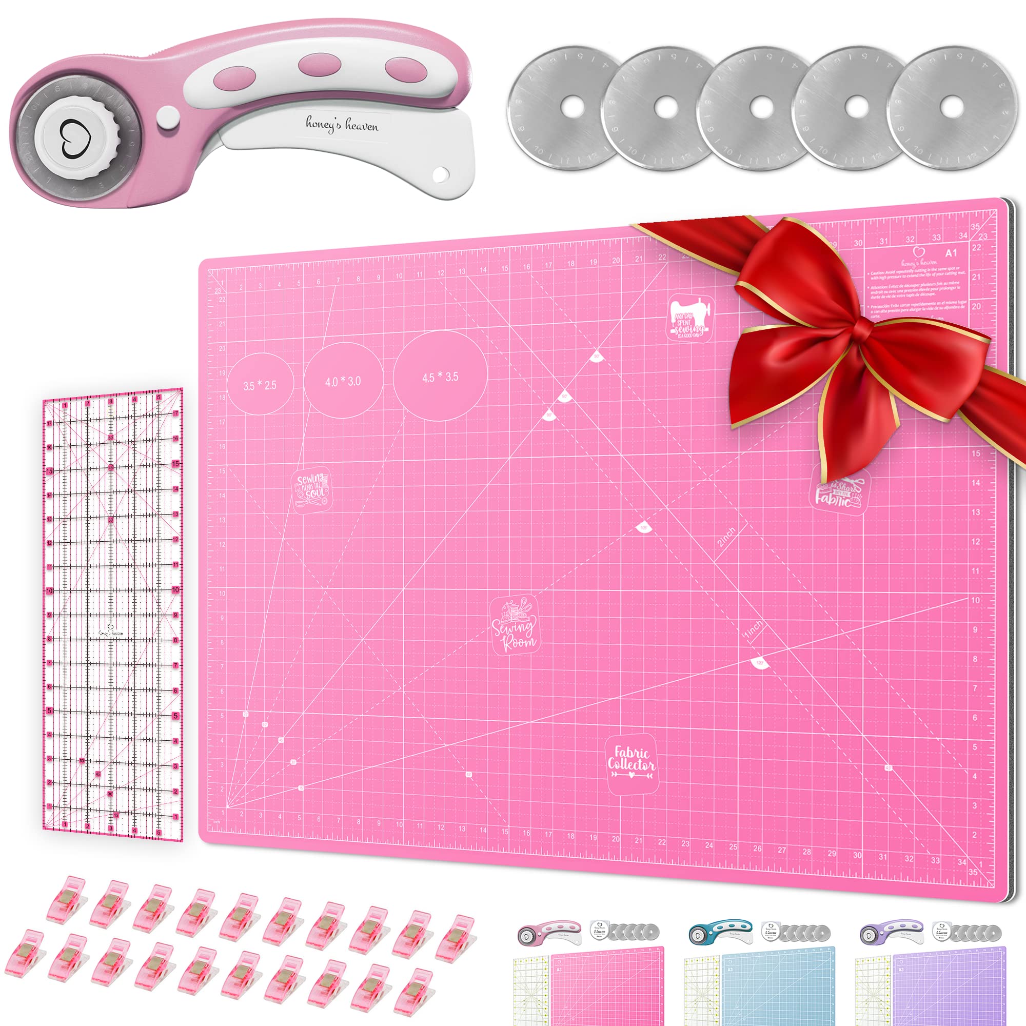 Rotary Cutter Set - Quilting Kit incl. 45mm Fabric Cutter, 5 Replacement Blades - Ideal for Crafting, Sewing, Patchworking, Crochet & Knitting (Pink, Cutting Mat Set (36" x 24"))