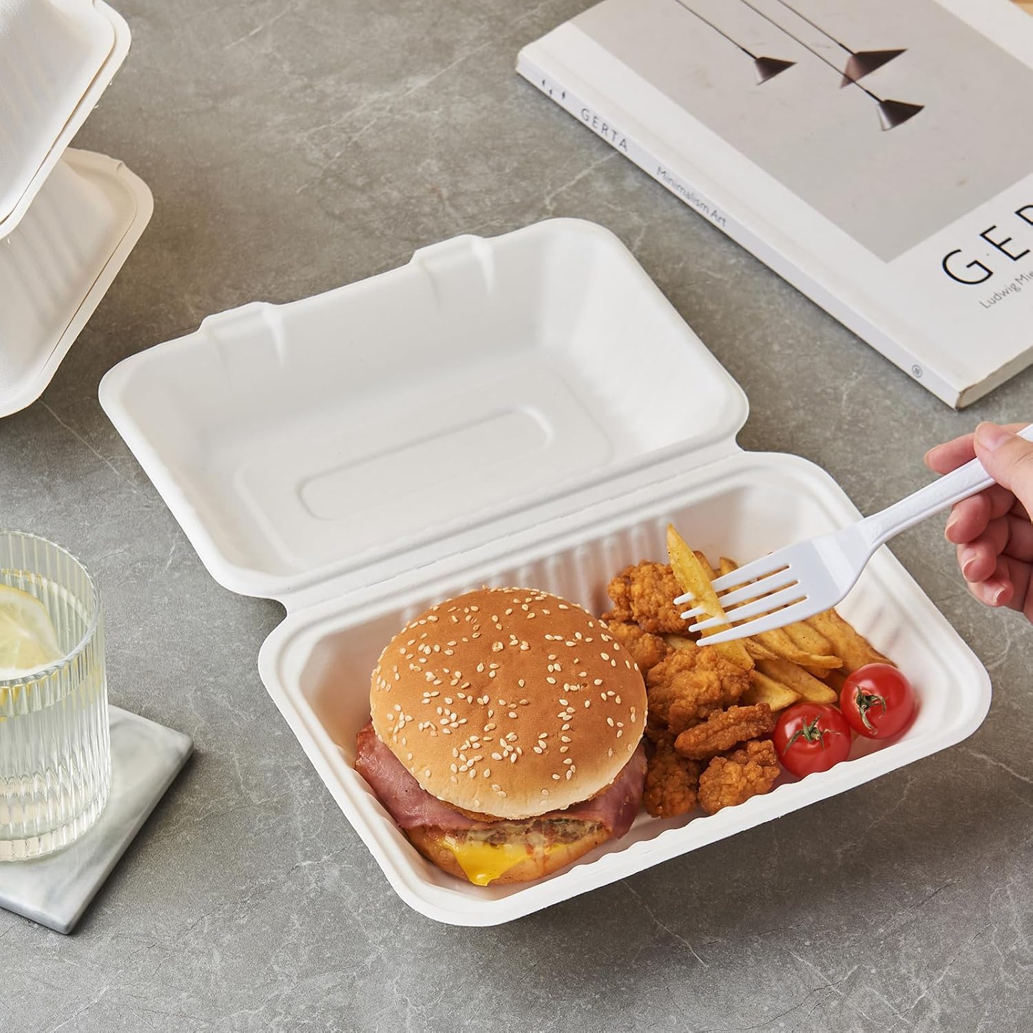 Jaluxing [9X6 1-Compartment 75-Pack Bio Natural Clamshell Take Out Food Containers with Lids, Disposable Bagasse Togo Plates, Eco-Friendly Biodegradable Made of Sugar Cane Fibers