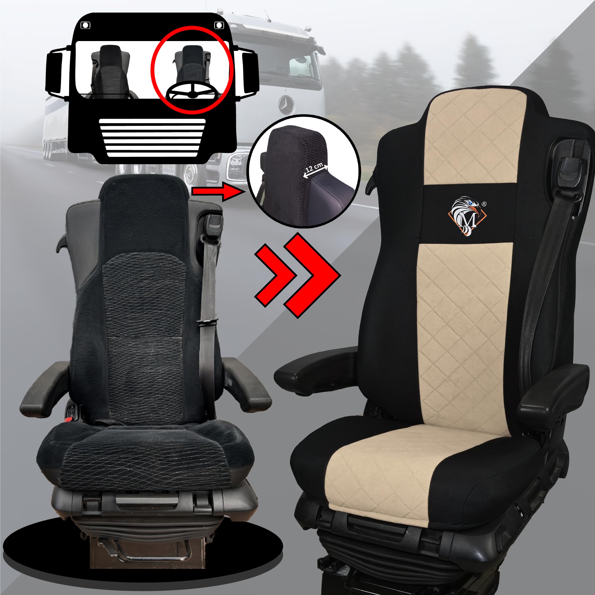 SABA Coprisedile per MERCEDES ACTROS L dal 2022, 2 cinture di sicurezza, sedili tipo aereo, sedile passeggero non sospeso Beige Accessori di Protezione per Sedili di Camion