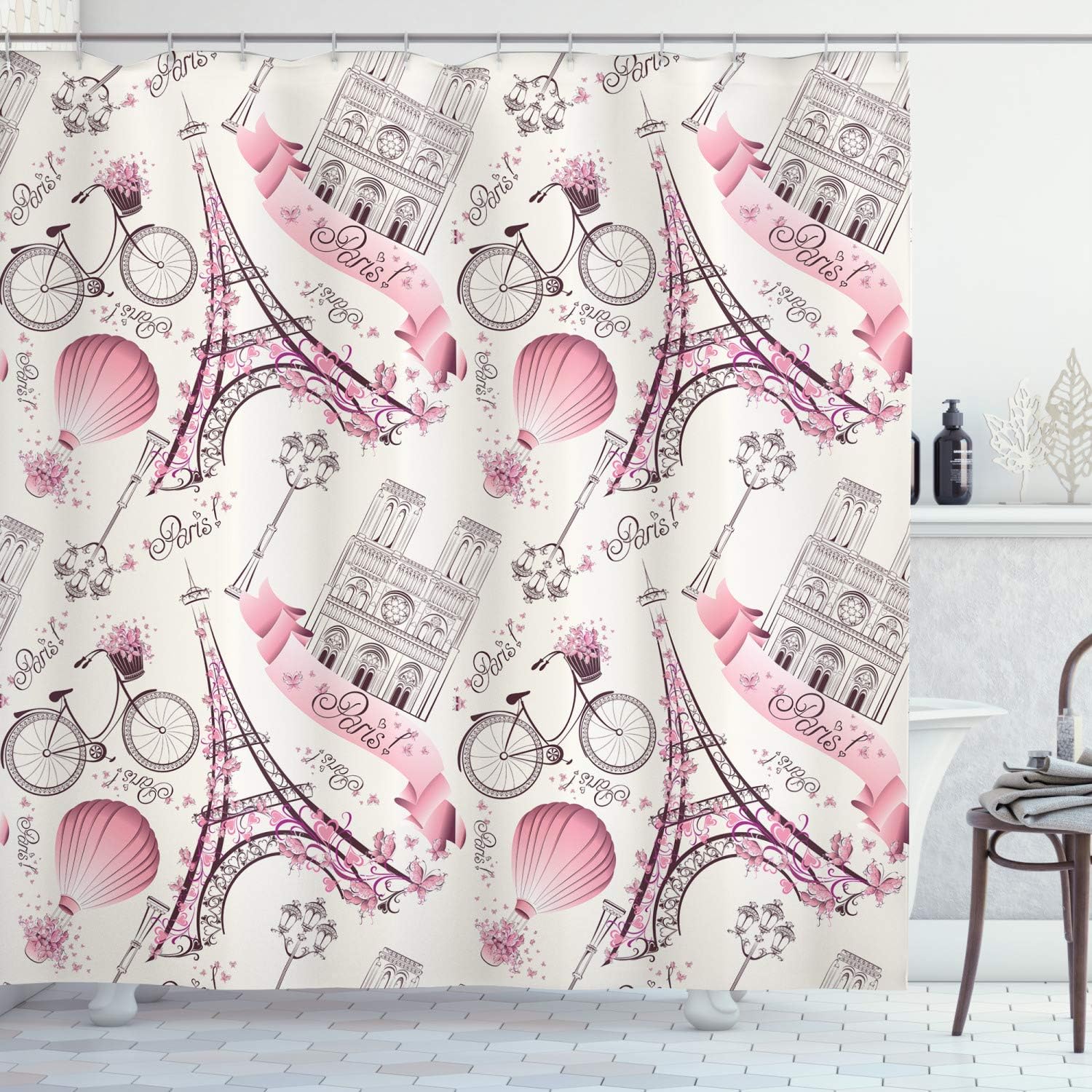 Lunarable City Love Shower Curtain, Iconic Elements of Paris Hearts on The Eiffel Tower and a Bicycle, Cloth Fabric Bathroom Decor Set with Hooks, 69" W x 70" L, Dark Purple Pale Pink