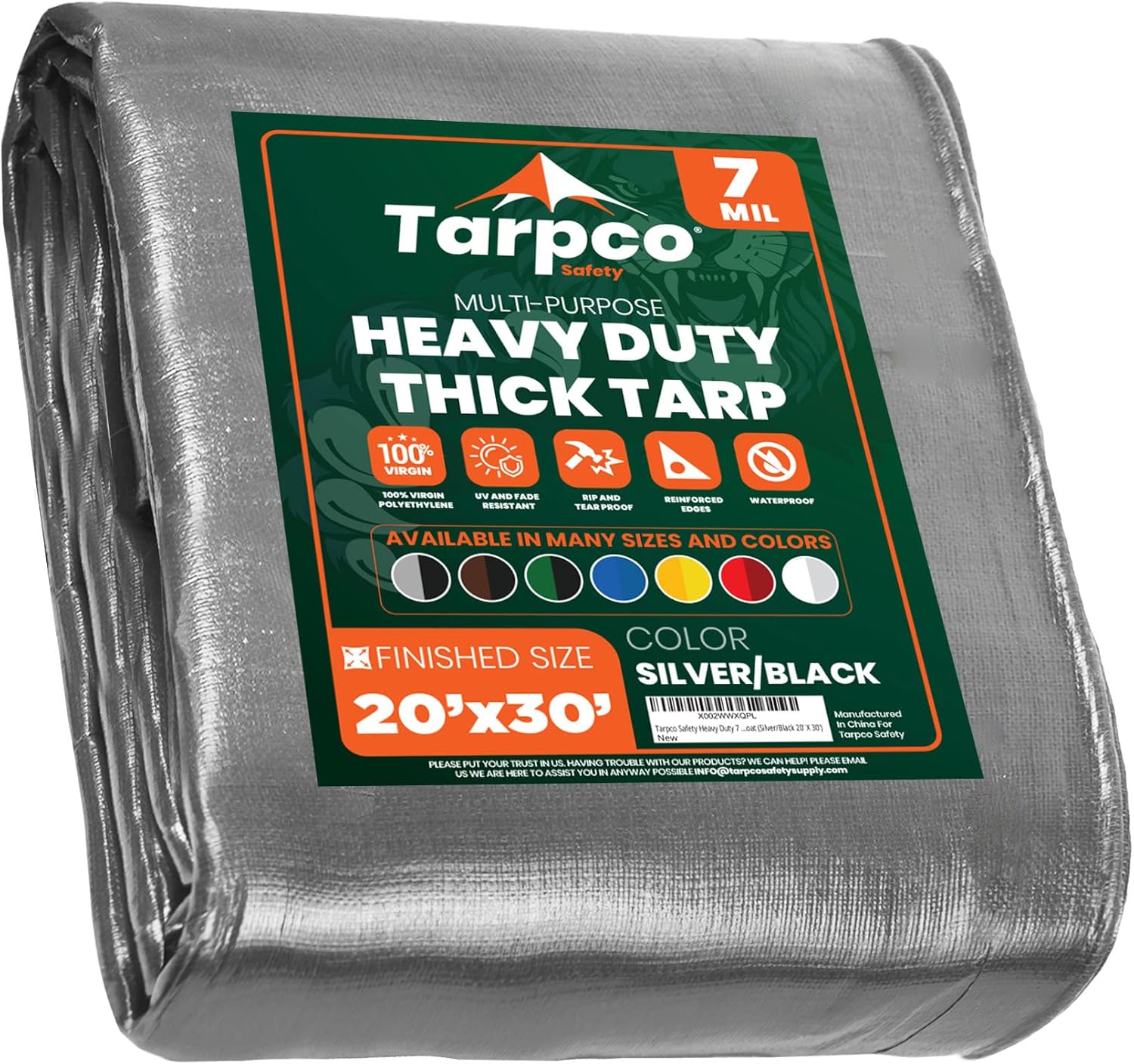 Tarpco Safety Heavy Duty 7 Mil Tarp Cover, Waterproof, UV Resistant, Rip and Tear Proof, Poly Tarpaulin with Reinforced Edges for Roof, Camping, Patio, Pool Cover, Boat (Silver/Black 20 X 30)