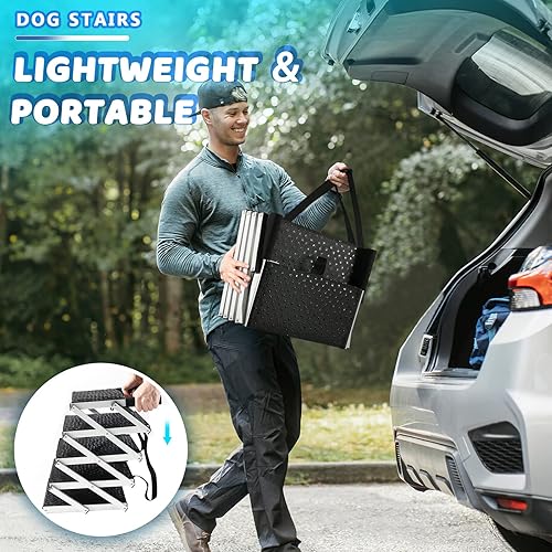 Miniatura 4 de Lemberi Escaleras reforzadas para perros para automóvil, SUV y camiones, rampas de aluminio para perros de tamaño pequeño a grande con superficie