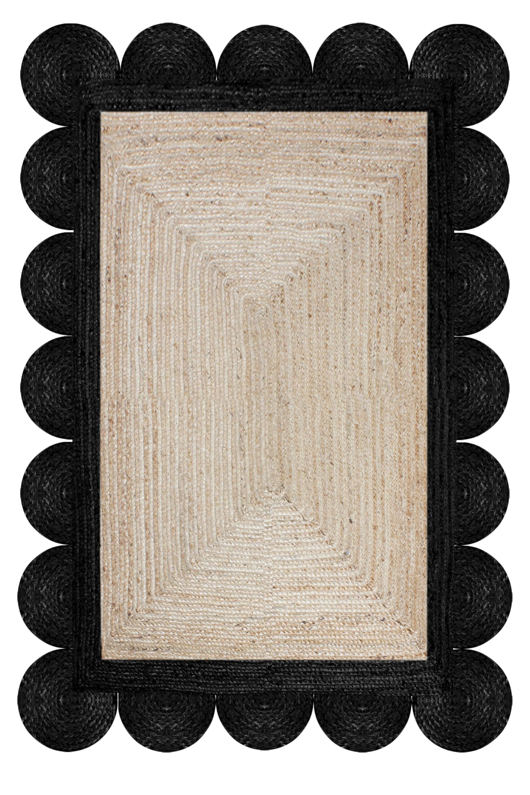 Tapis en jute naturelle à bords festonnés, carré de 1,2 x 1,2 m, beige et noir, tapis Kilim en sisal tissé pour zones à forte fréquentation, salon, cuisine, entrée, ferme
