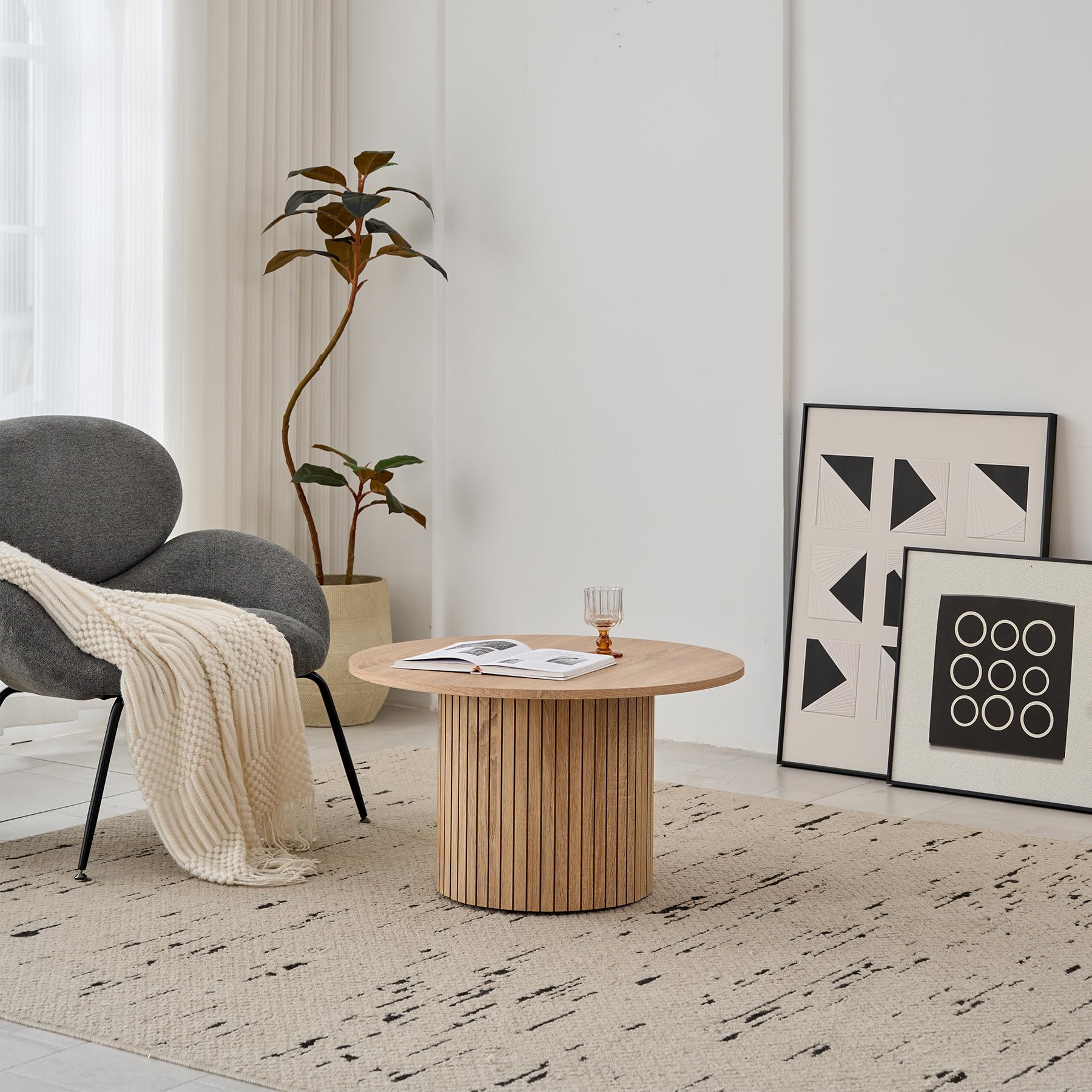 Juego 2 Mesas de Centro Redondas Apilables, Madera Clara | Tablero MDF con Textura de Madera Natural, Fácil Limpieza, Base Cilíndrica Estable, Para Salón, Dormitorio y Cafetería