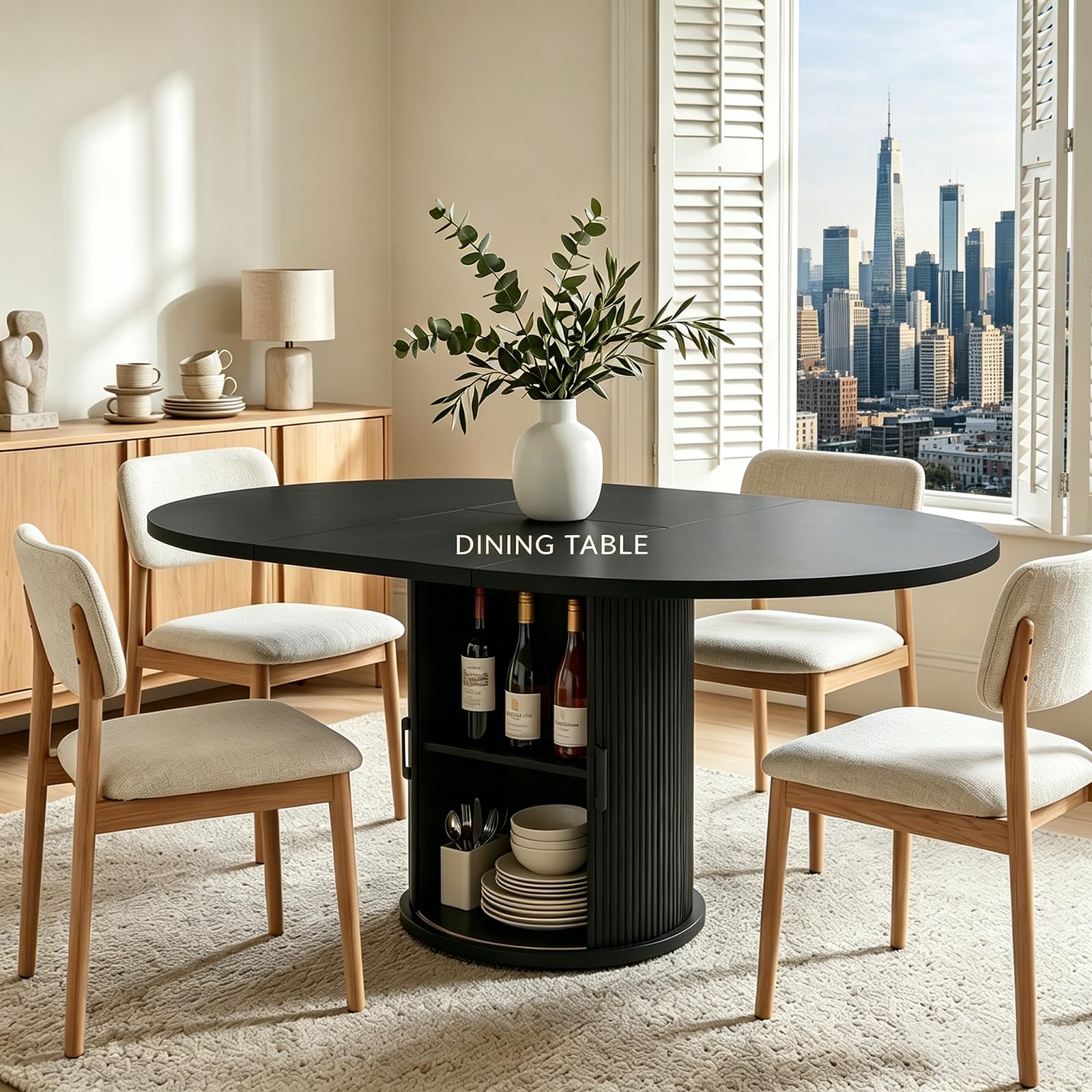 Runder Esstisch, 118 cm, für 4–6 Personen, geriffelter Sockel, Küchen- und Zimmertisch, mit verstecktem Stauraum, Schwarz