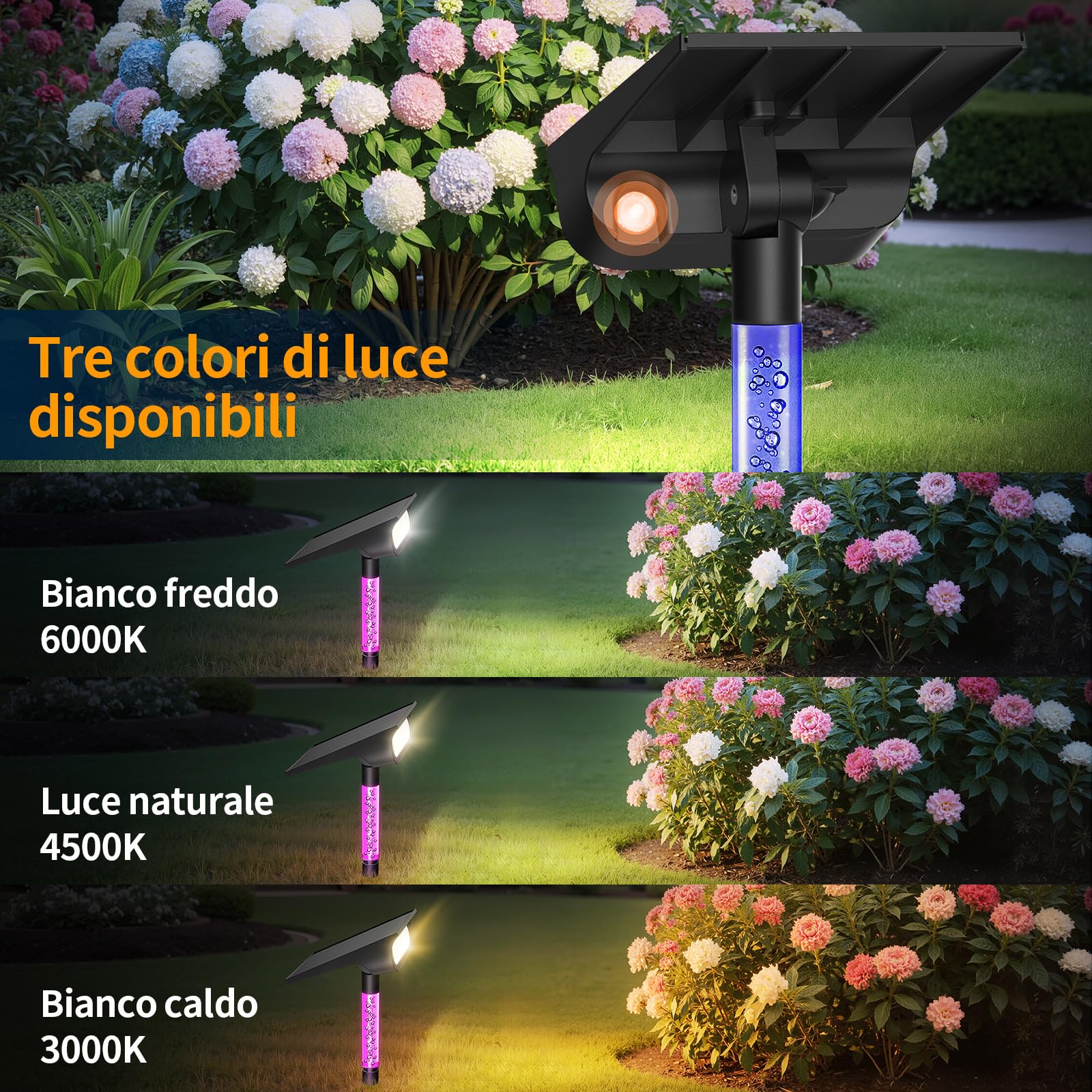 INTELAMP Faretti Solari da Esterno, 3 Colori di Luce Regolabili (Picchetto) | 4000mAh Batteria,Impermeabile IP65,Ideale per Giardino, Cortile, Sentieri, Cespugli