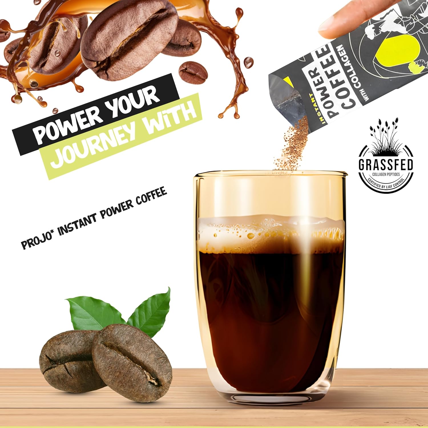 Projo* Power Coffee – Instant Coffee with 10g Protein - Grass-Fed Hydrolyzed Bovine Collagen & 225mg Caffeine – Organic, Unsweetened, Medium Roast – Bold Black – 12 Single-Serve Packets