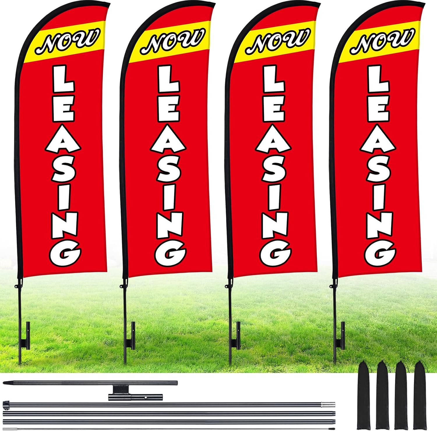 Buryeah 4 Sets 15ft Now Leasing Flags Banners for Advertising with Flagpole Ground Stake Portable Bag Feather Now Leasing Signs Banner for Business Advertising(Red)