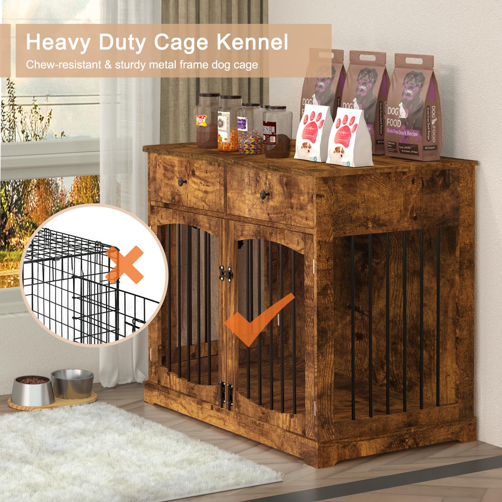 40 Inch Furniture Dog Crate - Wood Pet Crate With Drawers & Double Doors For Small/Medium Dogs
