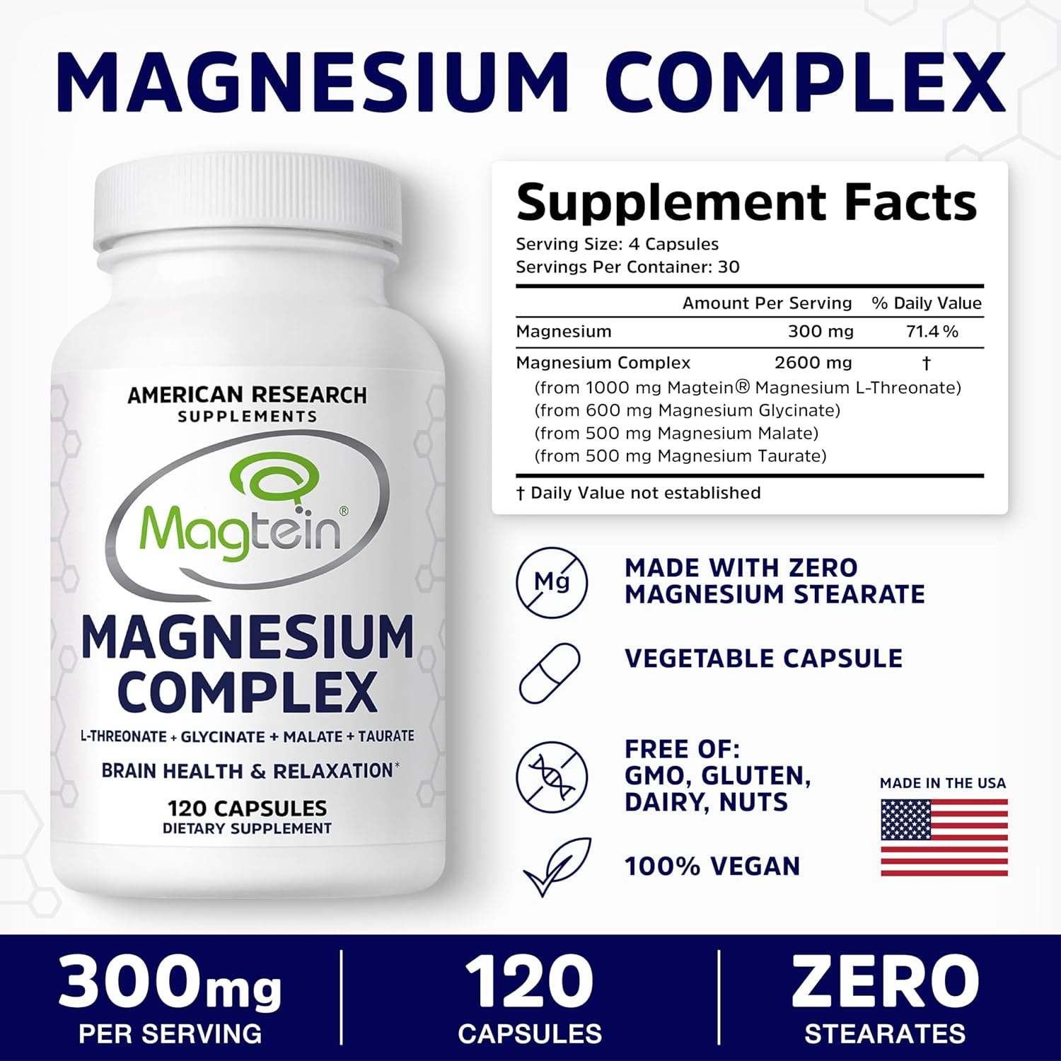 Magnesium L-Threonate Complex | 4 Highly Bioavailable Forms - (Patented Magtein™) Magnesium L-Threonate, Glycinate, Malate, Taurate | No Oxide | Brain Health, Sleep Support | 300mg Serving | 120 Caps - Image 3