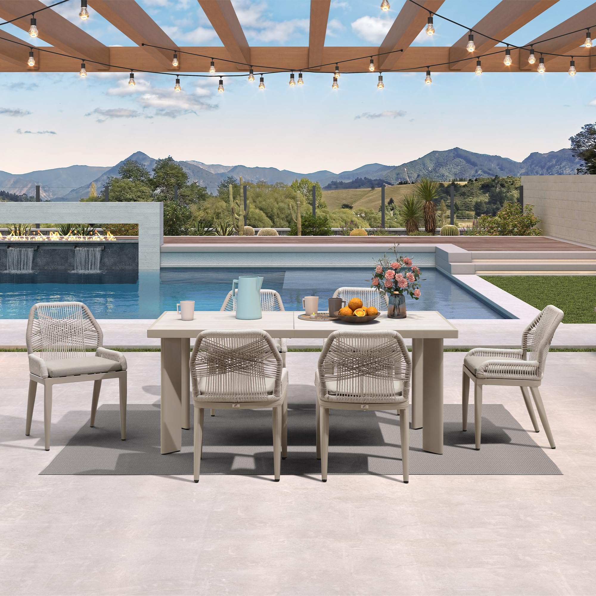 PURPLE LEAF 7 Pieces Patio Dining Set with Cushion and Backrest, Champagne