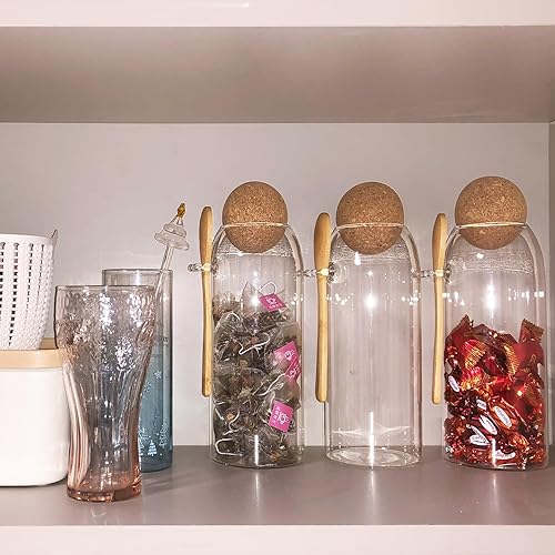 Miniatura 5 de Tarro de vidrio con tapa de madera, bola y cuchara adjunta, recipiente para condimentos de especias de azúcar y sal de 33 onzas, olla transparente