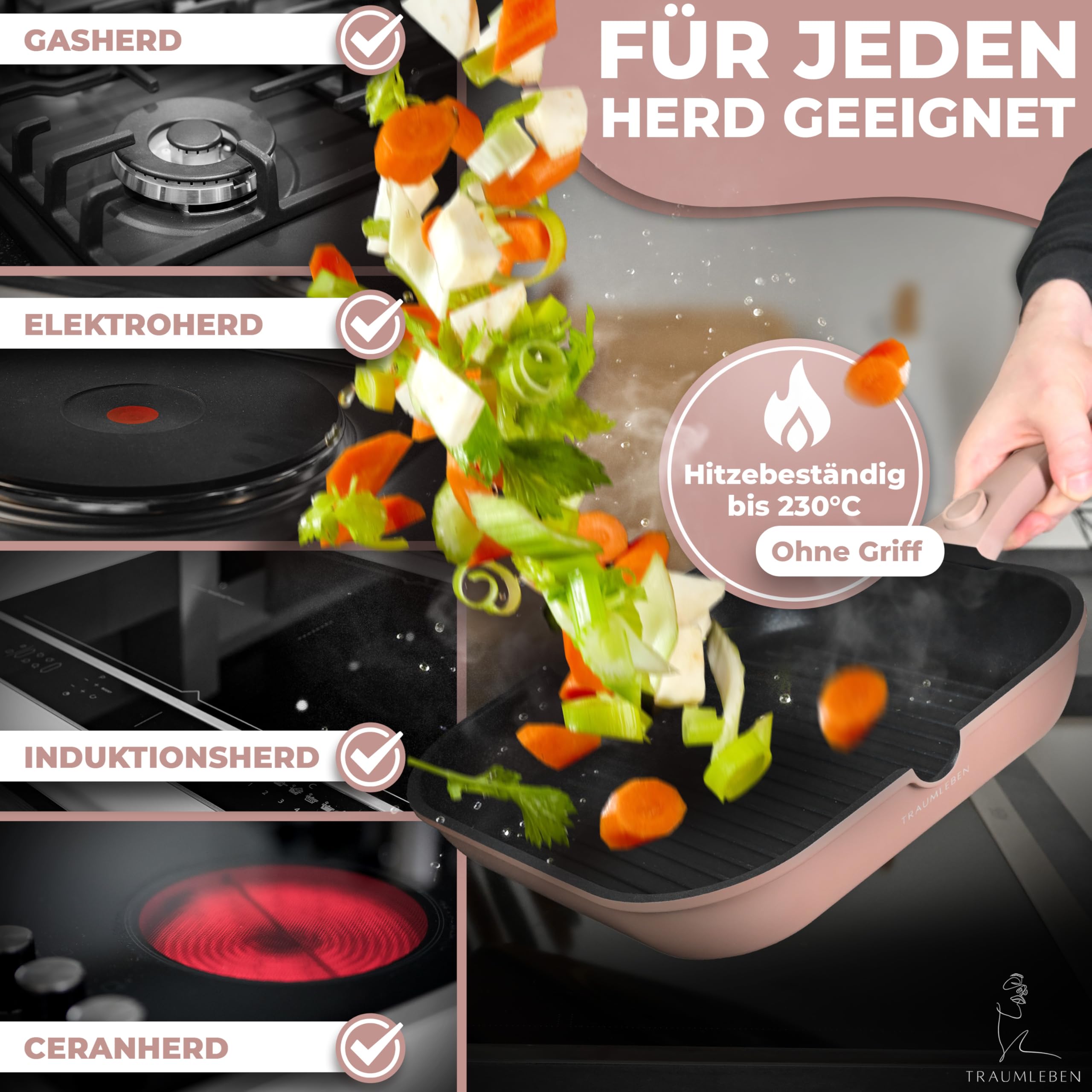 TRAUMLEBEN Grillpfanne 28 cm mit Ausguss & abnehmbarem Griff (Rosa) | Antihaftbeschichtung, PFOA-frei, für Induktion geeignet, backofenfest, Steakpfanne