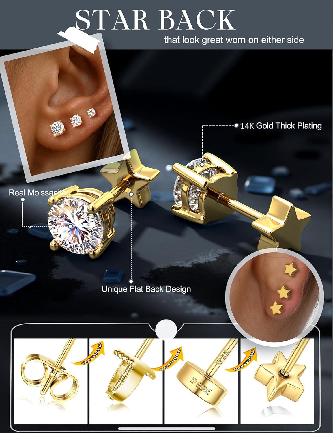 Moissanite Earrings Studs - S925 Sterling Silver Post Flat Back Earrings for Women Men Double Sided Star Heart Cartilage Earring Stacks Helix Piercing D Color VVS1 1.8 CT Moissanite Jewelry Gift - Image 4