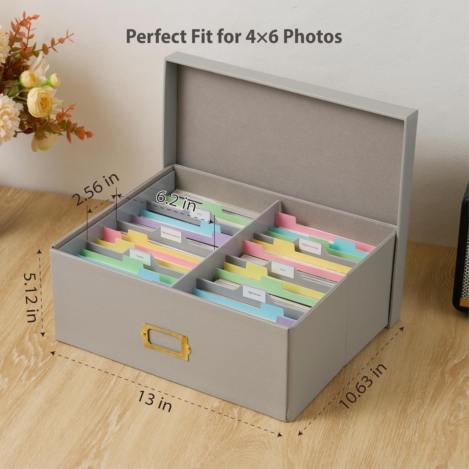 Photo Storage Box with Lid – Premium Faux Leather Organizer with Plastic Dividers, Holds Up to 1800 4x6 Photos, Memory Keepsake Storage Container for Pictures, Cards, Crafts & Scrapbook Supplies
