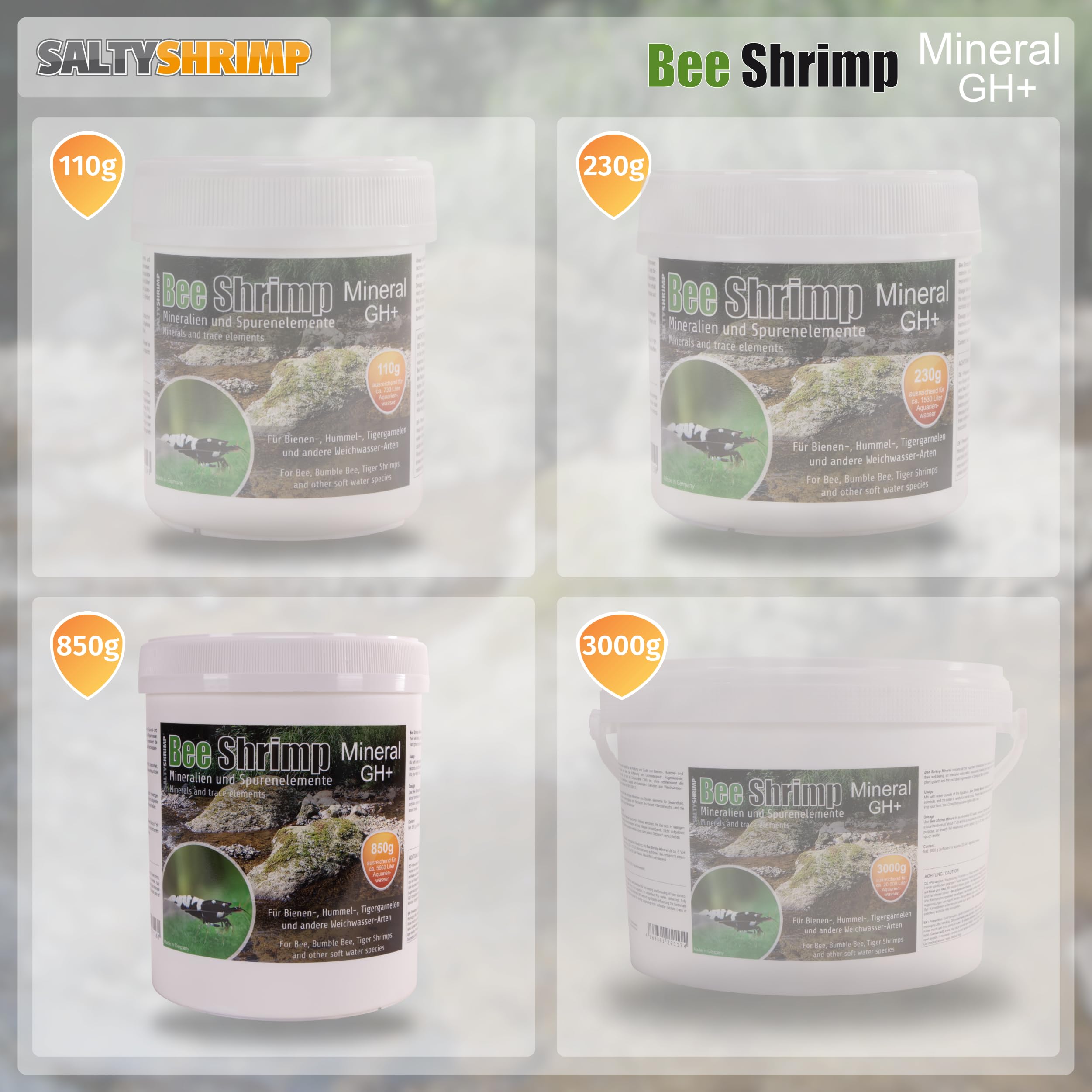 Bee Shrimp Mineral GH+ | 850g - Sal Mineral, Especialmente desarrollada para camarones Abeja, abejorro y Tigre. Aumenta la dureza Total del Agua
