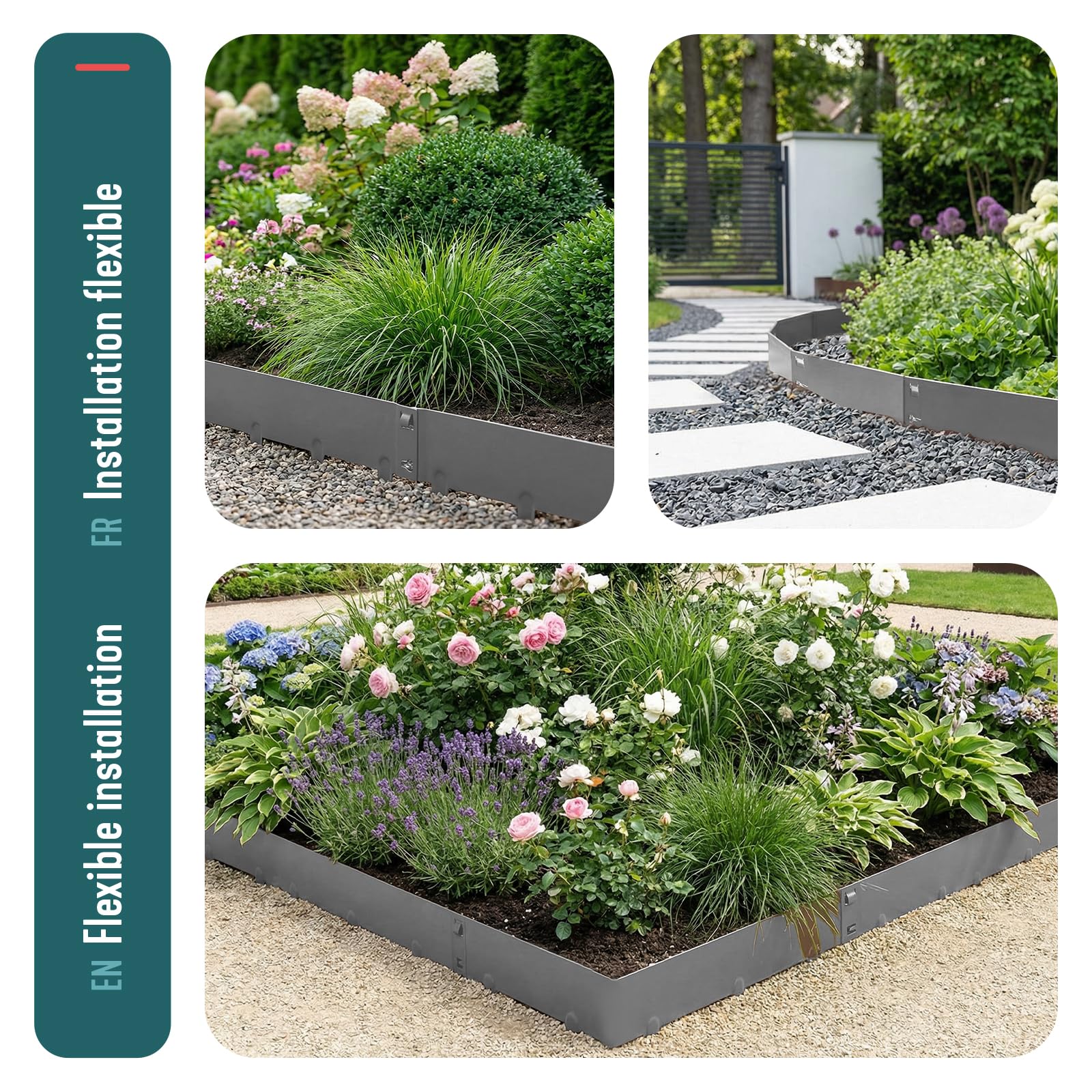 VOUNOT® Bordure de Jardin Gazon en Métal Galvanisé 10M Bordure de Séparation Résistante Epaisseur 1.5mm 106x18cm Lot de 10pcs Clôture Flexible de Pelouse pour Jardin Plantes Potager Gris