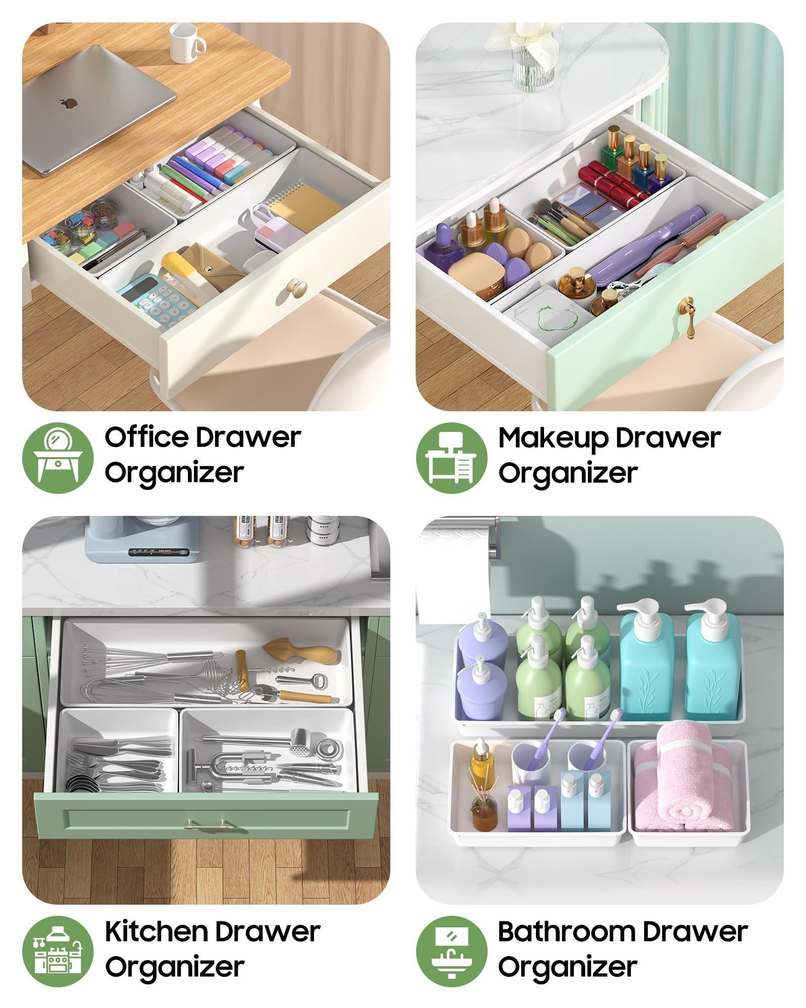Set di 10 organizer per cassetti di grandi dimensioni, in plastica, 3 misure, per scrivania, cassetti, contenitori per vanità, trucco, bagno, utensili da cucina e ufficio (bianco)