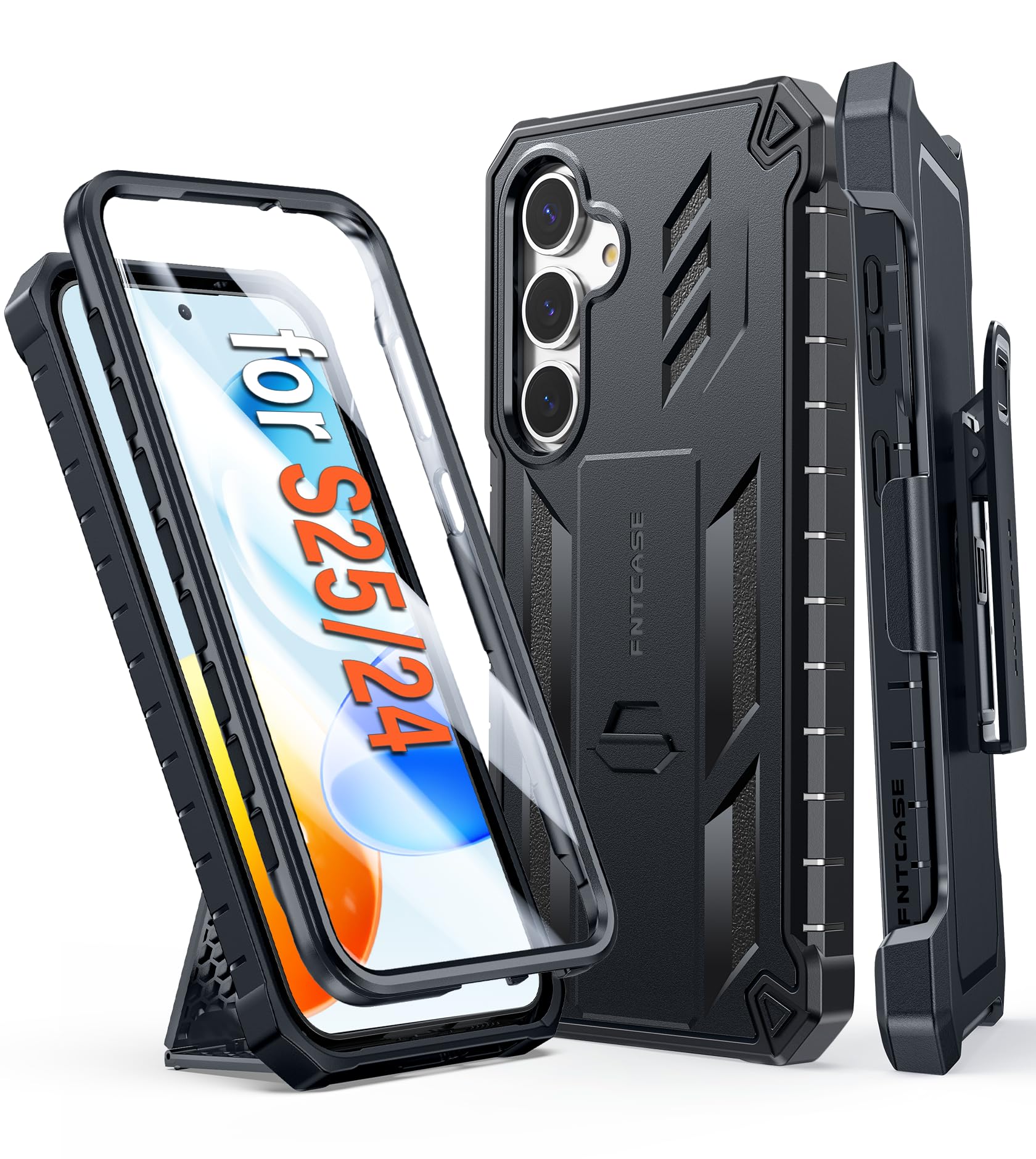 FNTCASE for Samsung Galaxy S25 Case: Military Grade Rugged Cell Phone Cover with Kickstand & Belt Clip Holster | Shockproof TPU Protection Bumper