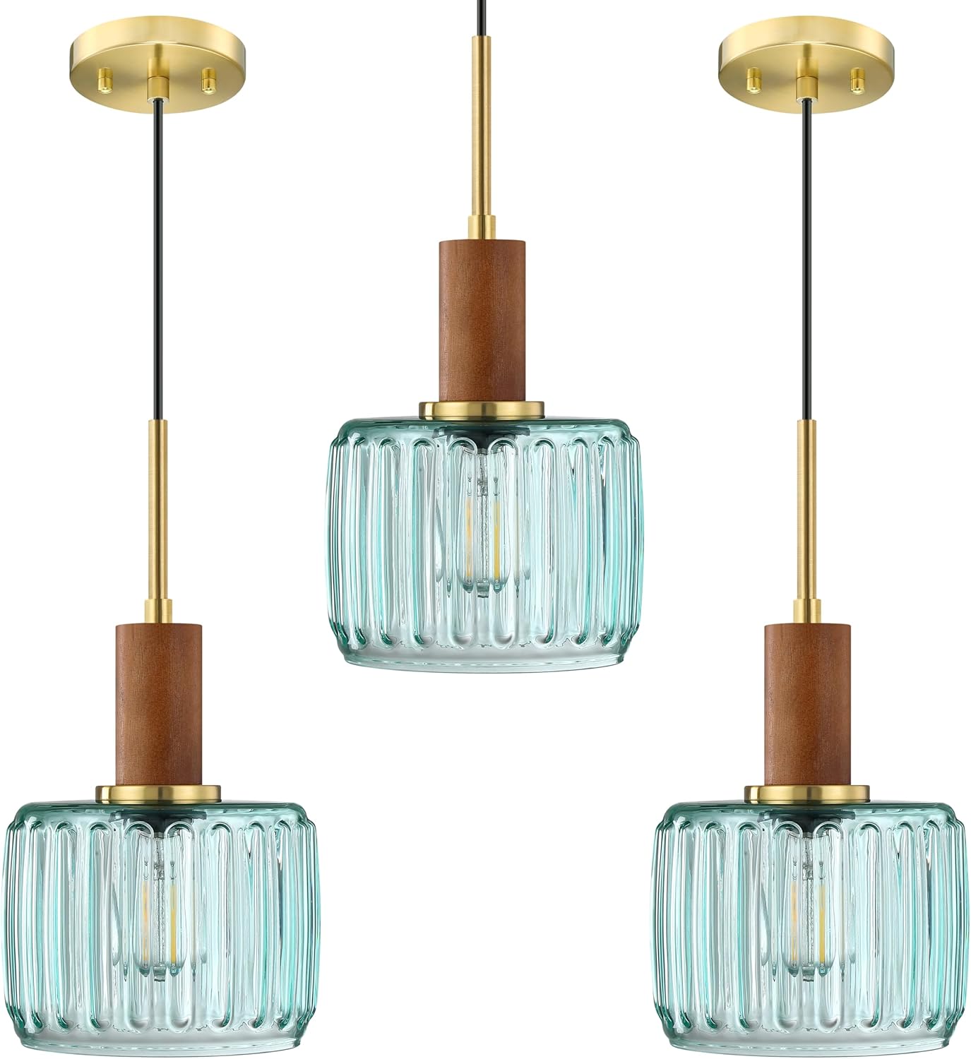 3 Pack 1 Light Industrial Modern Farmhouse Hanging Kitchen Island Pendant Ceiling Light Fixtures,Natural Wood Clear Textured Green Glass Brushed Bronze Finish Over Sink Restaurant bar Corridor