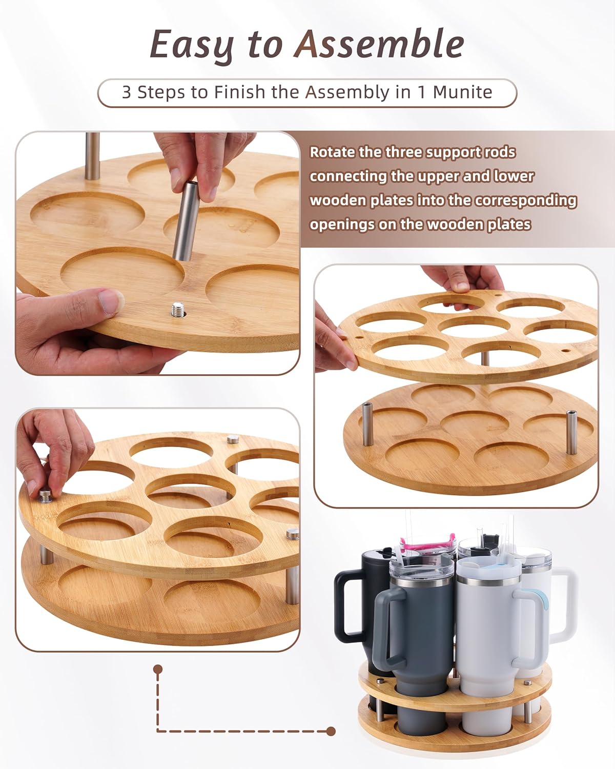 Rotating Wood Tumbler Organizer, 30 oz 40 oz Spinning Turnable Tumblers Holder, 360° Rotatable 7 Large Cups Bottle Tumbler Storage Display Stand, Rotate Syrup Organizer for Cabinet Countertop - Image 7