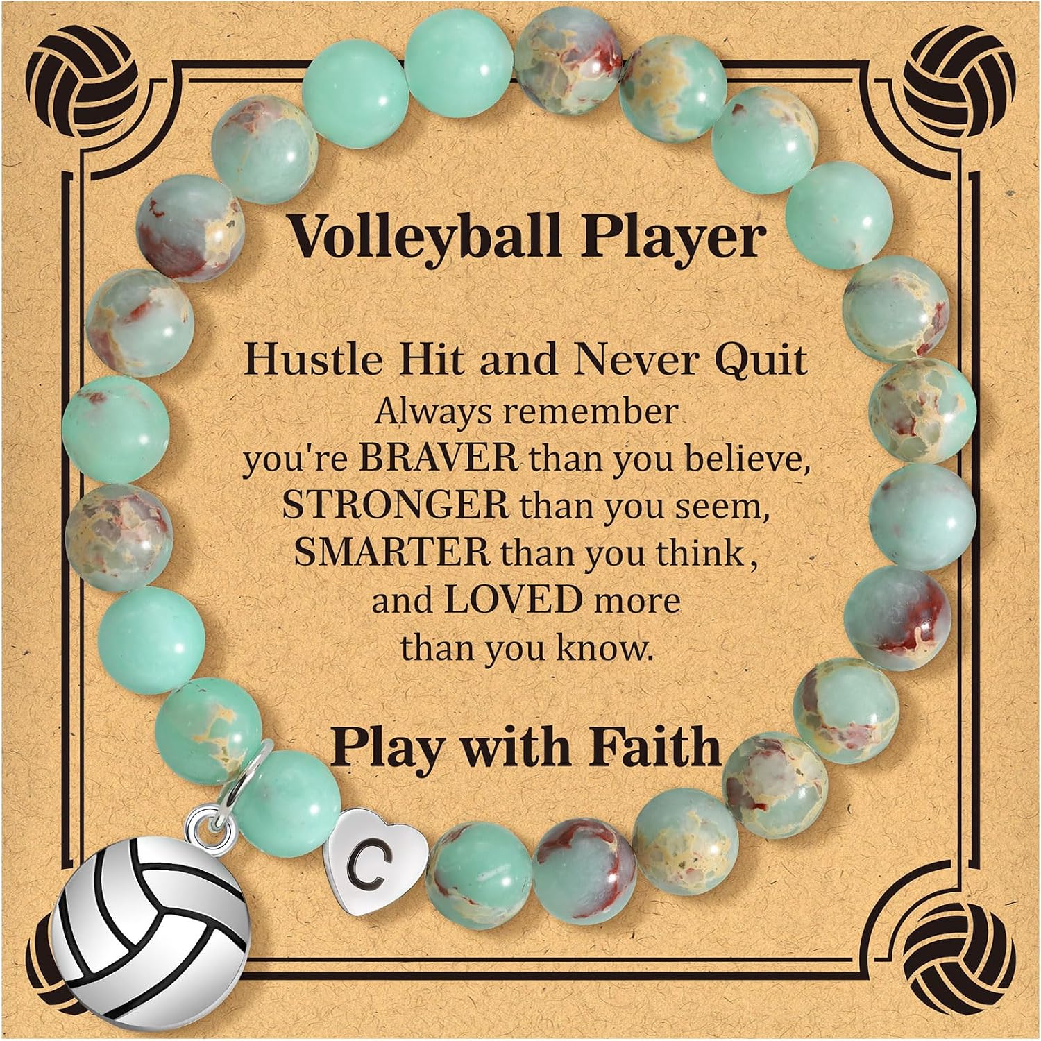 BAYLAY Volleyball Gifts for Teens - Natural Stone Heart C Initial Bracelet Volleyball Bracelets Jewelry Accessories Stuff Senior Night Gifts for Players Team Lovers