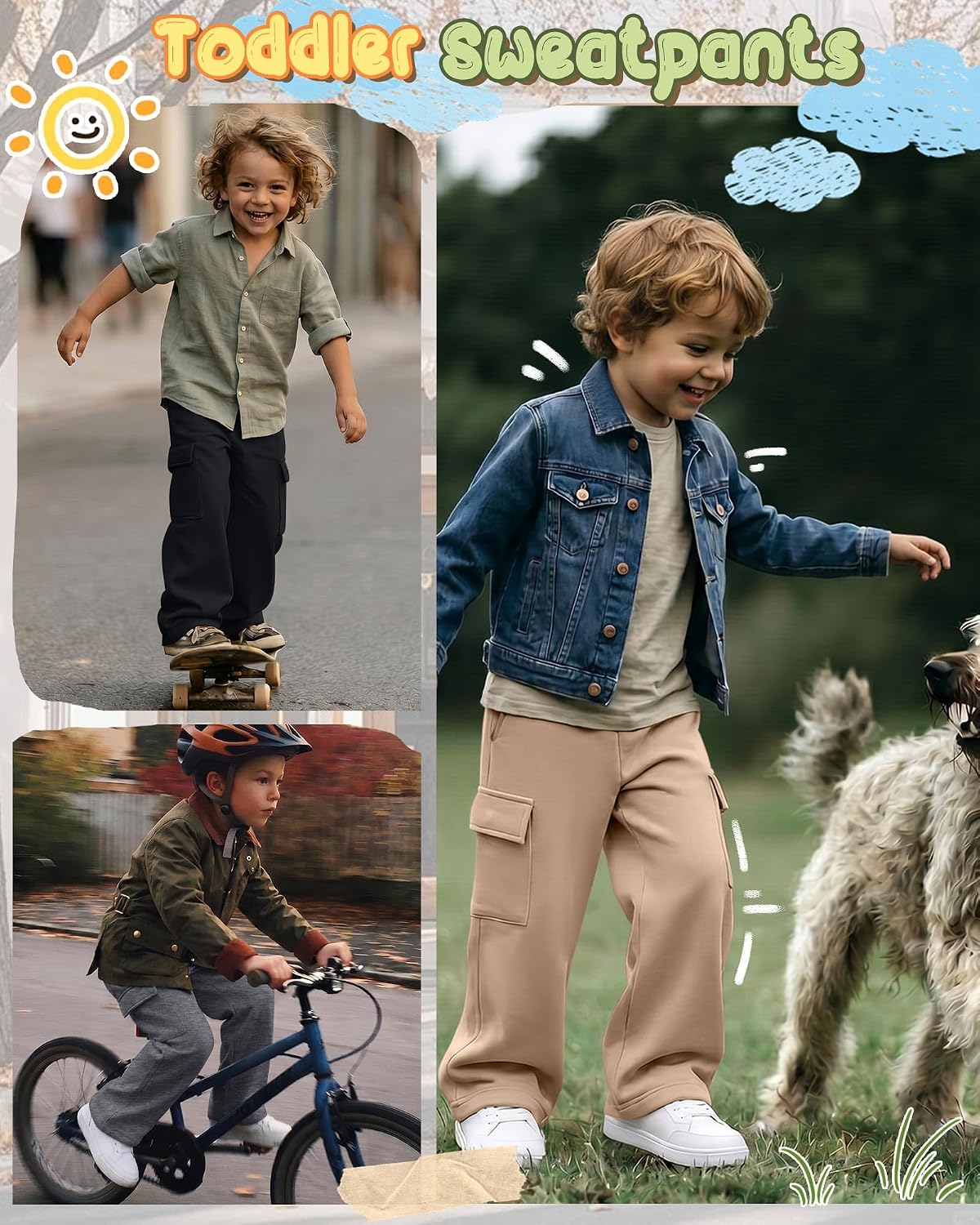 3 Pack Toddler Boy Sweatpants Baby Baggy Cargo Sweat Pants Open Bottom Athletic Pants Wide Leg Joggers with Pockets