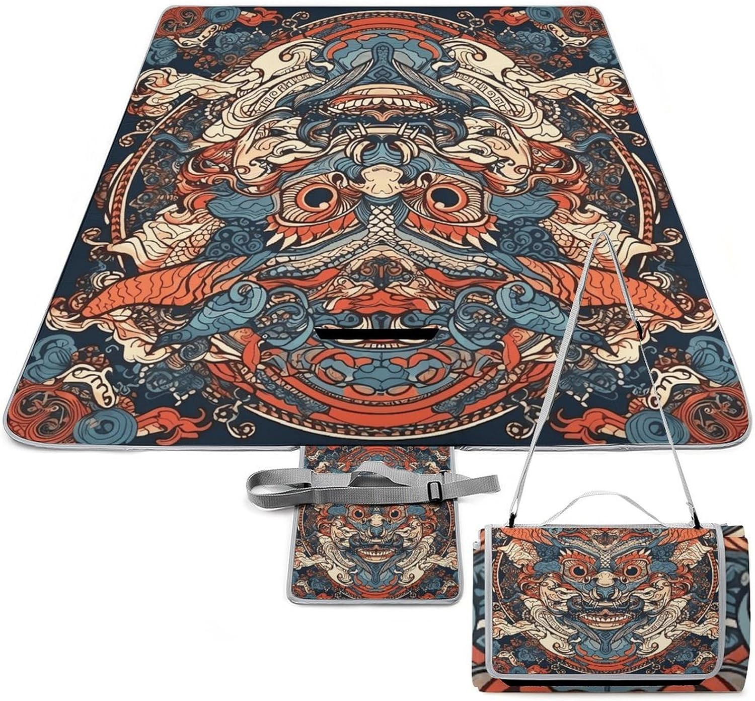 Asian Style Pattern Waterproof Picnic Blanket 58.3''x58.3'',Portable and Foldable Picnic Mat with Handle,Outdoor Blankets for Lawn Park Beach Travel