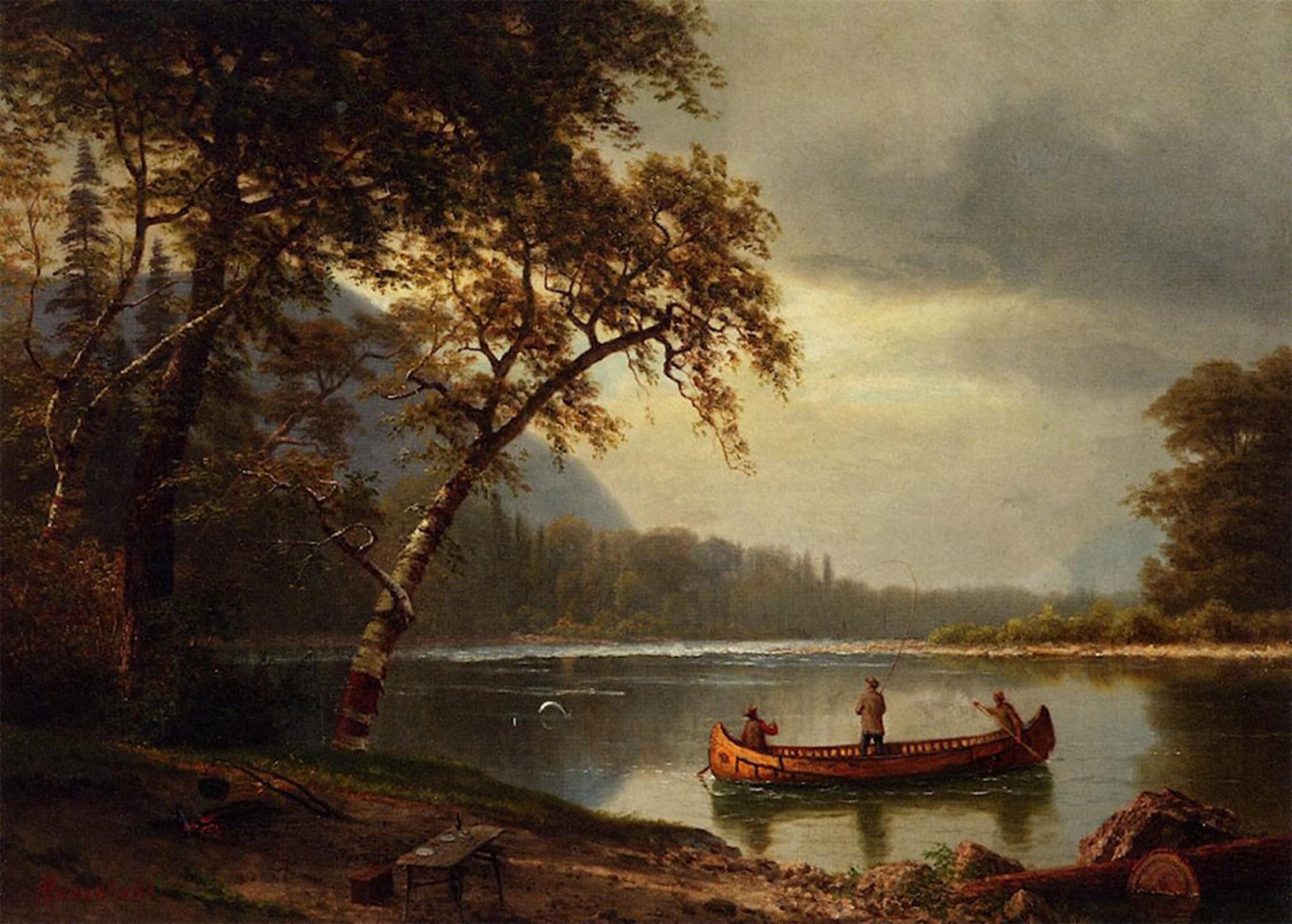 ARTXLXXBN Famous Painting Canvas Artwork Graffiti Print Salmon Fishing on the Cascapediac River by Albert Bierstadt Portrait Canvas Image for Home Decor 60x90cm