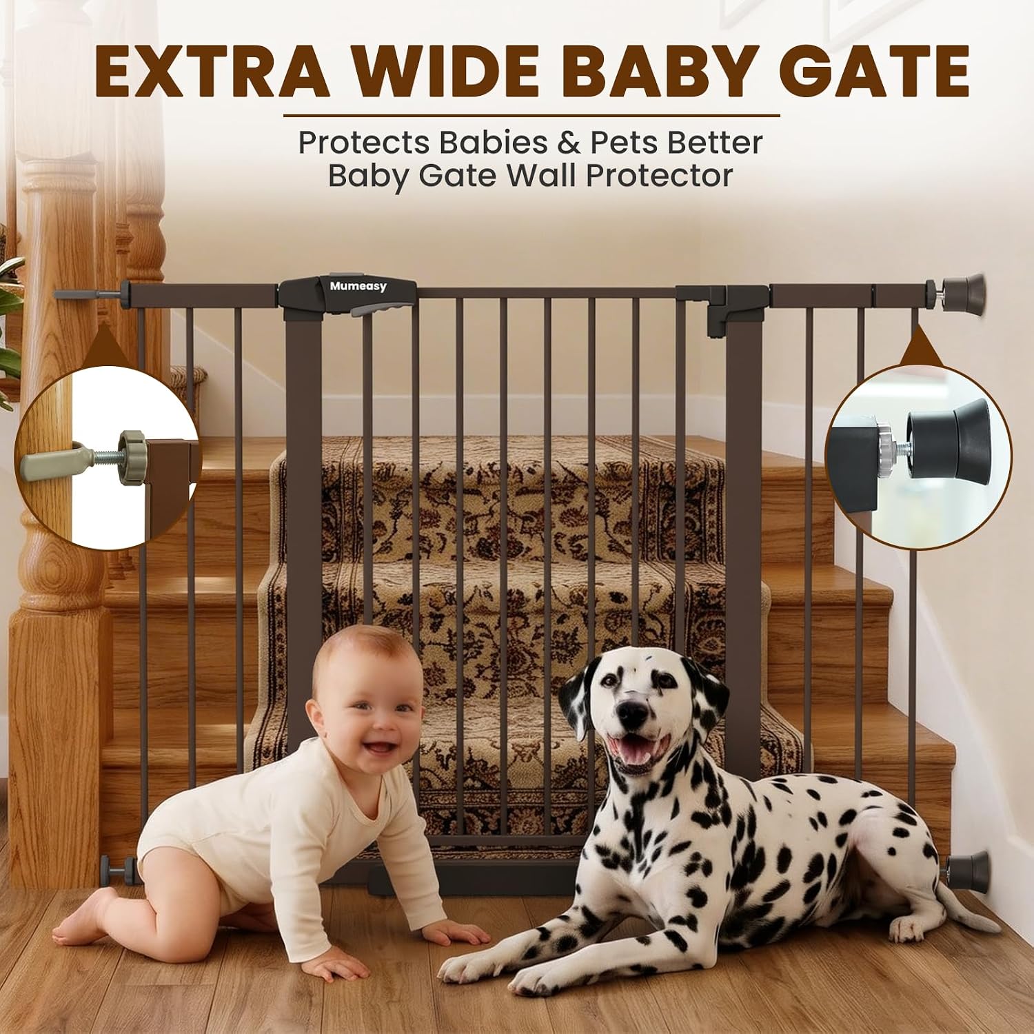 Mumeasy 29.7-48" Baby Gate for Stairs, Pressure Mounted Dog Gate for Doorways, Extra Wide Walk Thru Safety Pet Gate for Doors with Auto Close, Easy Install Child Gate for Hallway Indoor House, Brown image 4