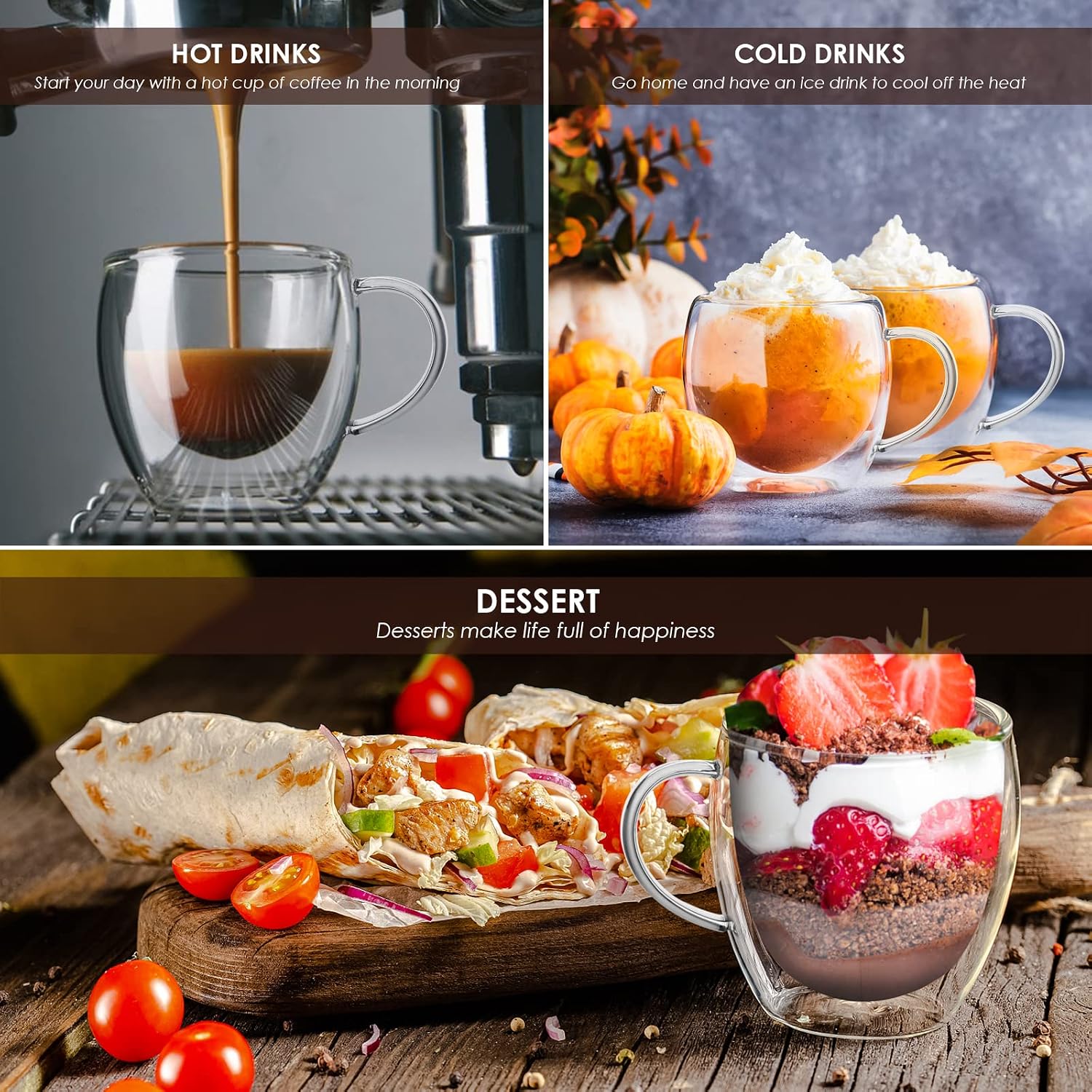 Sorfity Cappuccino Glass Mugs, Set of 4 Double Walled Espresso Mug Cups Glass Mug Set Insulated Clear Drinking Glass Coffee Cups with Handle for Latte, Cappuccino, Tea Bag, Juice (250ml /8.45oz)