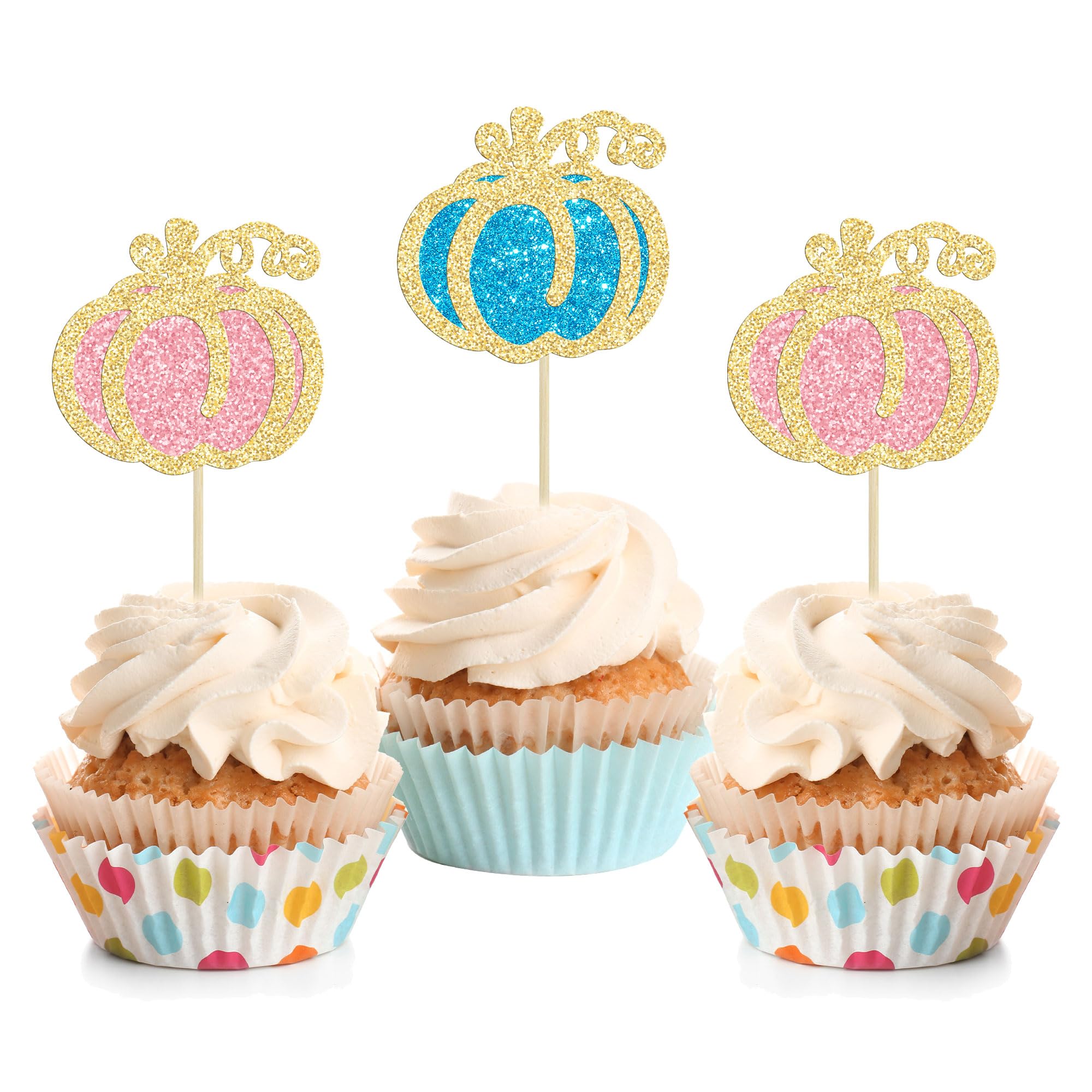 Cupcake-Topper für Jungen oder Mädchen, glitzernd, für das Geschlecht, Kürbis-Cupcake-Picks, Baby-Füße, Kuchendekorationen für Herbst-Thema, Babyparty, Kindergeburtstag, Partyzubehör, Blau, Rosa, 24