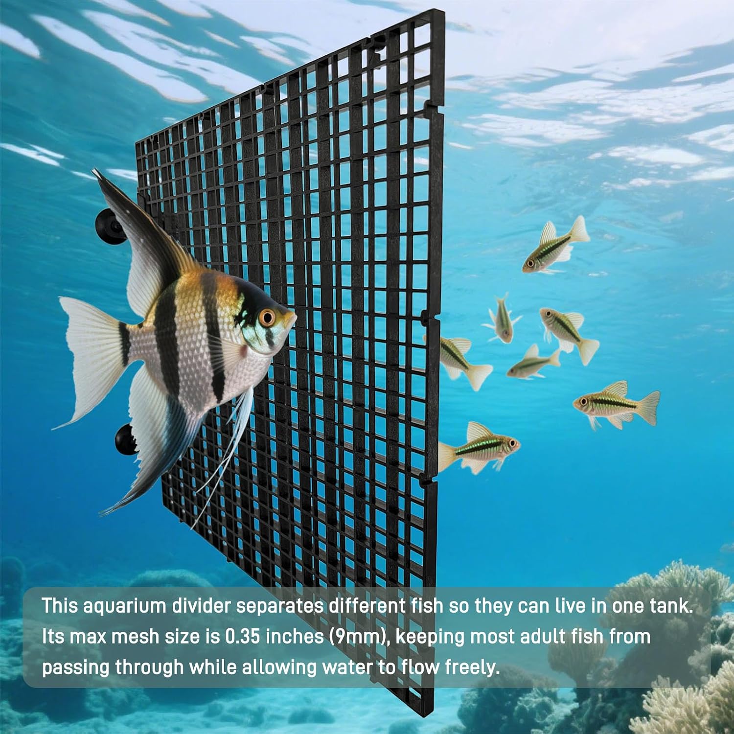 Black Fish Tank Dividers, 0.35 Inch Mesh Gap 11.8 x11.8 Inch Panel Size, 8 Pcs with 10 Strong Suction Cups, Easy to Cut for 10-55 Gallon Aquarium