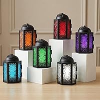 VELA Mini Moroccan Tea Light Lanterns Set of 6 - 4.25" Hanging Candle Holders, Metal Glass Panels for Ramadan, Weddings, Home Decor